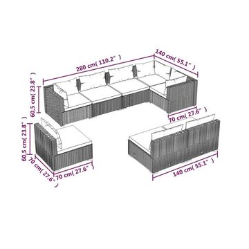 vidaXL Gartenlounge-Set 8-tlg. Garten-Lounge-Set mit Kissen Poly Rattan Braun, (1-tlg)