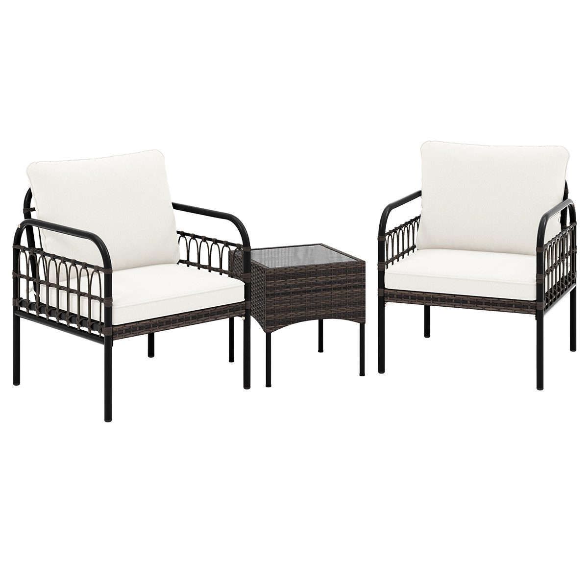 COSTWAY Balkonset, 3tlg., Rattan, mit Glastisch & Kissen