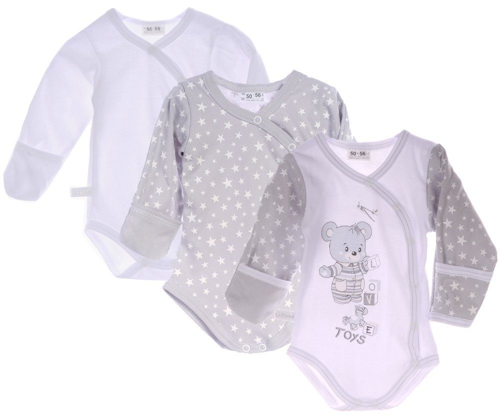La Bortini Wickelbody Wickelbodys 3er Pack Baby Body in Weiß Grau mit Sternchen aus reiner Baumwolle, 44 50 56 62 68 74 80 86 92 98 104
