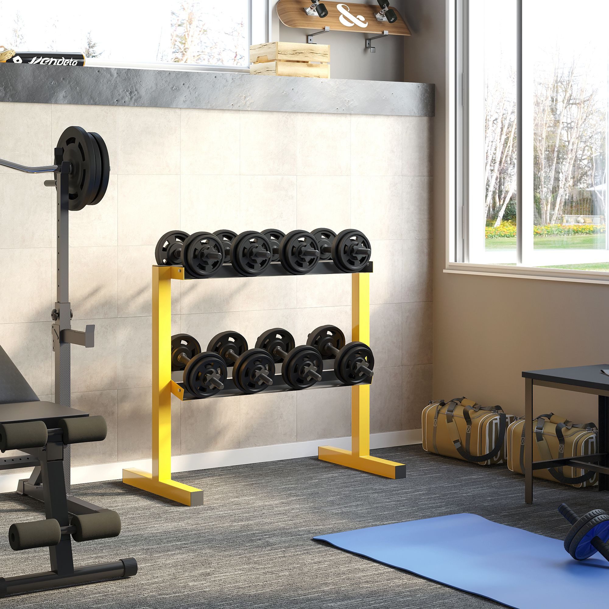 SPORTNOW Kurzhantelständer 2-Stufige Kurzhantelablage, Hantelablage bis 270 kg Belastbar, Stahl, (Hantelständer, 1-St., Gewichtshalter), für Gewichtheben, Krafttraining, Stahl, Gelb, 92.5 x 50.5 x 80.5 cm