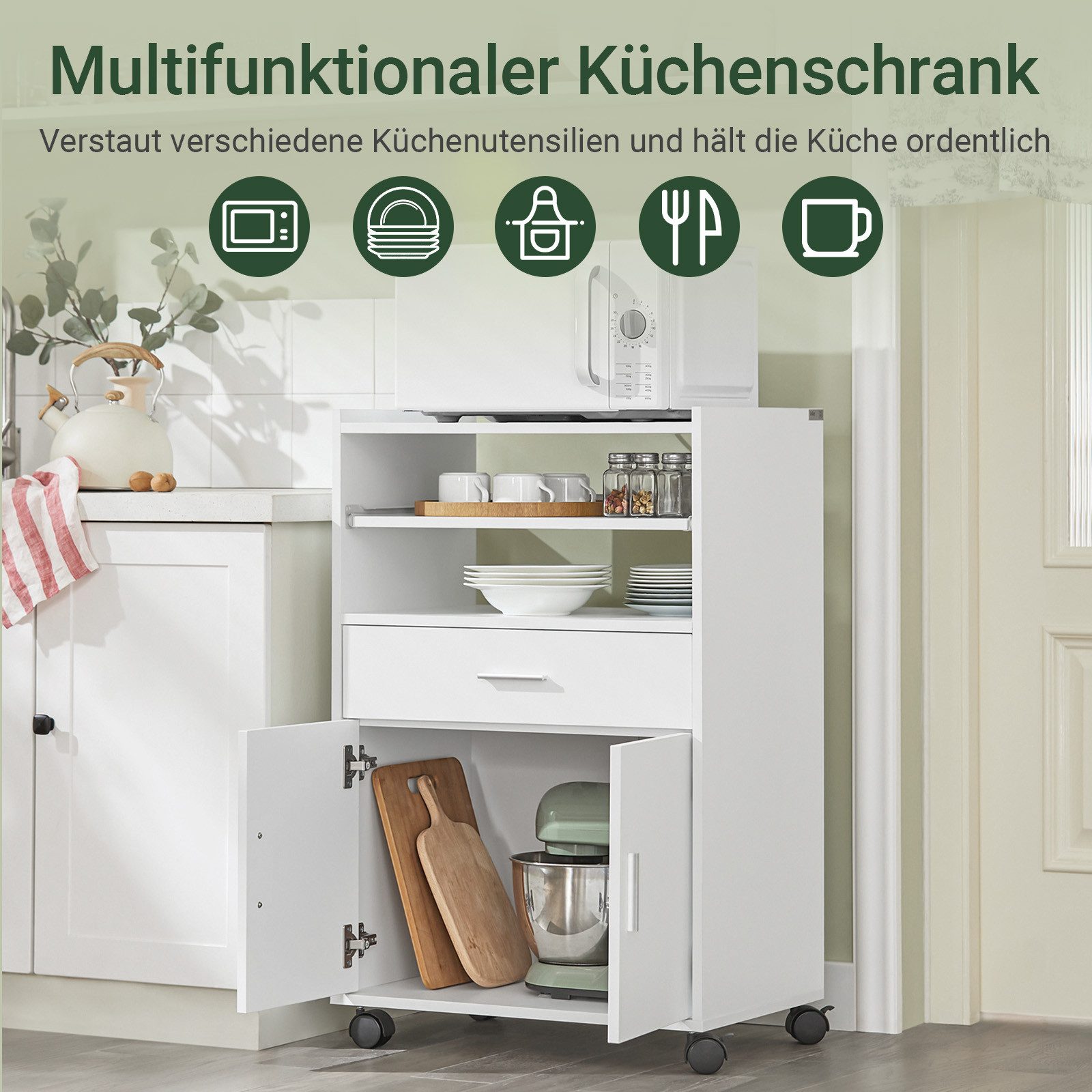 SoBuy Küchenwagen FSB09, Servierwagen mit Arbeitsplatte Aufbewahrungsschrank, Küchenschrank Rollschrank Mikrowellenschrank mit Ablagen und 2 Türen
