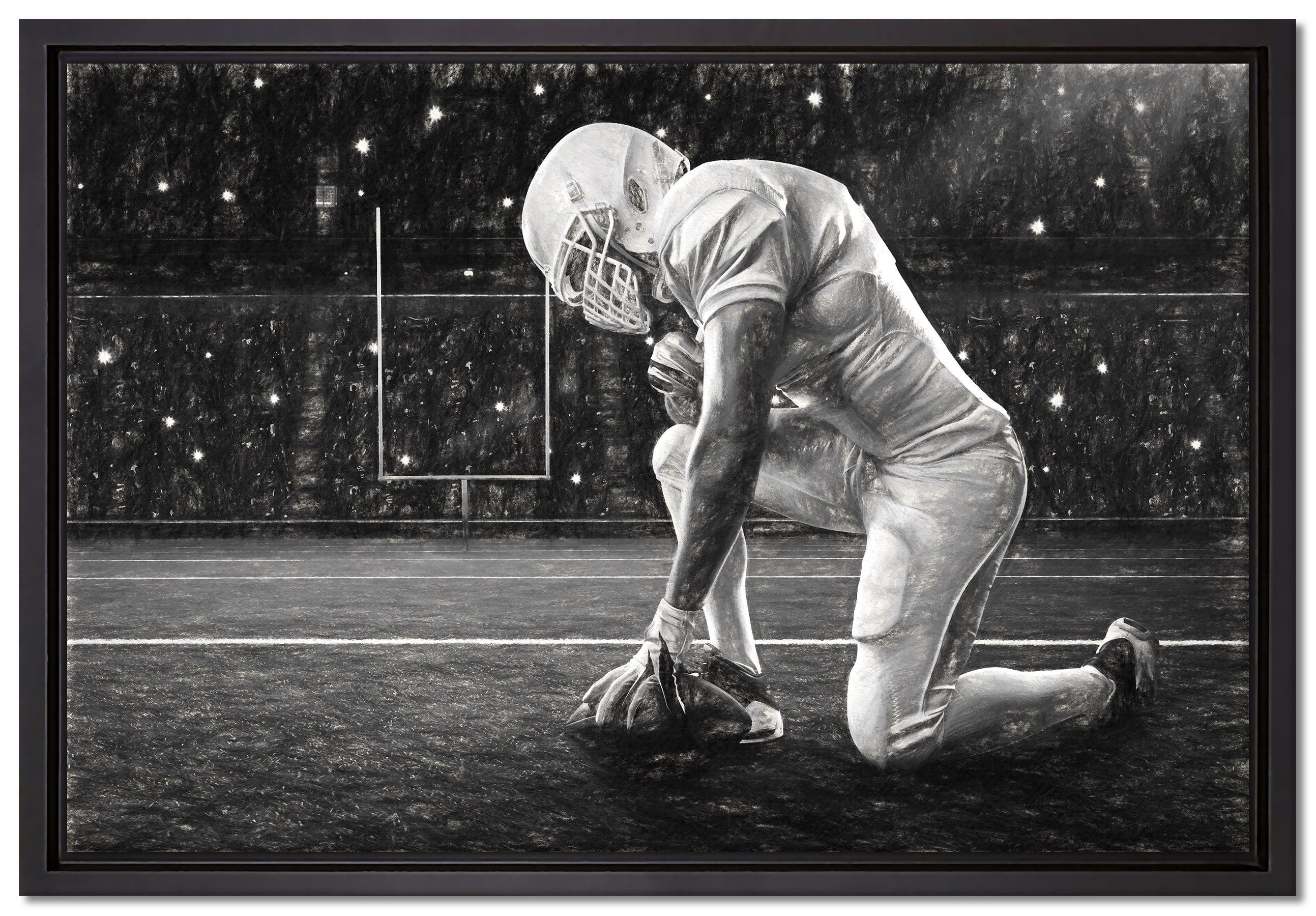 Pixxprint Leinwandbild knieender Football-Spieler Kunst, Wanddekoration (1 St), Leinwandbild fertig bespannt, in einem Schattenfugen-Bilderrahmen gefasst, inkl. Zackenaufhänger