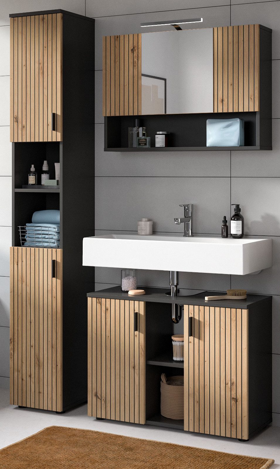 Inn.Furn Badmöbel-Set Livia, (Badezimmer in Eiche Artisan mit Rillen, Set 3 günstig online kaufen