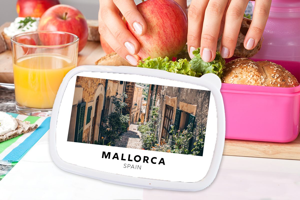 Brotbox Spanien (2-tlg), Mädchen, Kunststoff Mallorca Kinder, Snackbox, rosa Pflanzen, - - MuchoWow Kunststoff, Erwachsene, für Brotdose Lunchbox