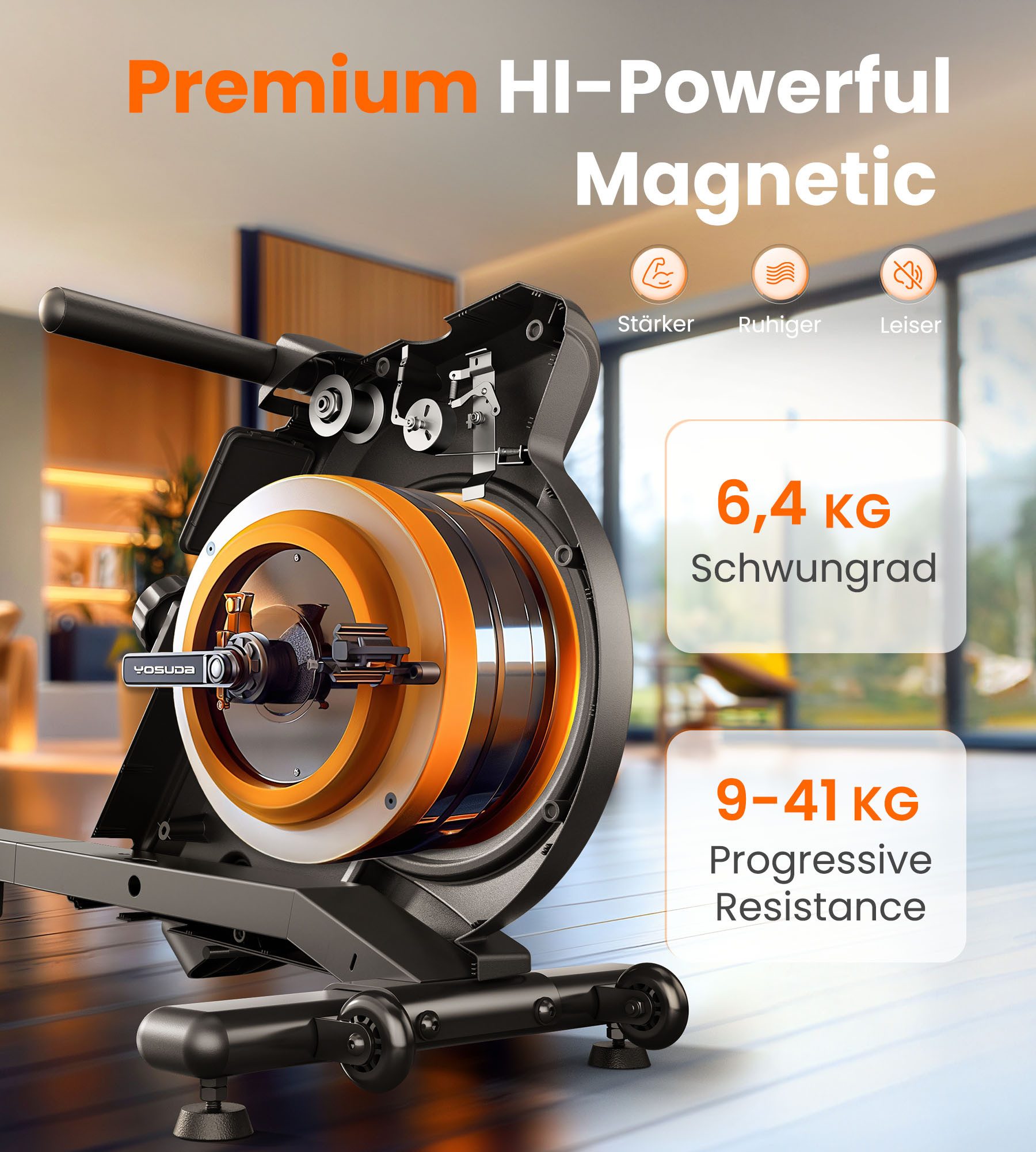YOSUDA Rudergerät Rudergerät Zuhause, 16 Dynam. Widerstand, 90% Vormontiert (1-tlg., Ultra-Leise Magnetisch, Komfort-Sitz), Bluetooth/App, Alu-Schiene, Flaschenhalter, bis 160kg Belastbar