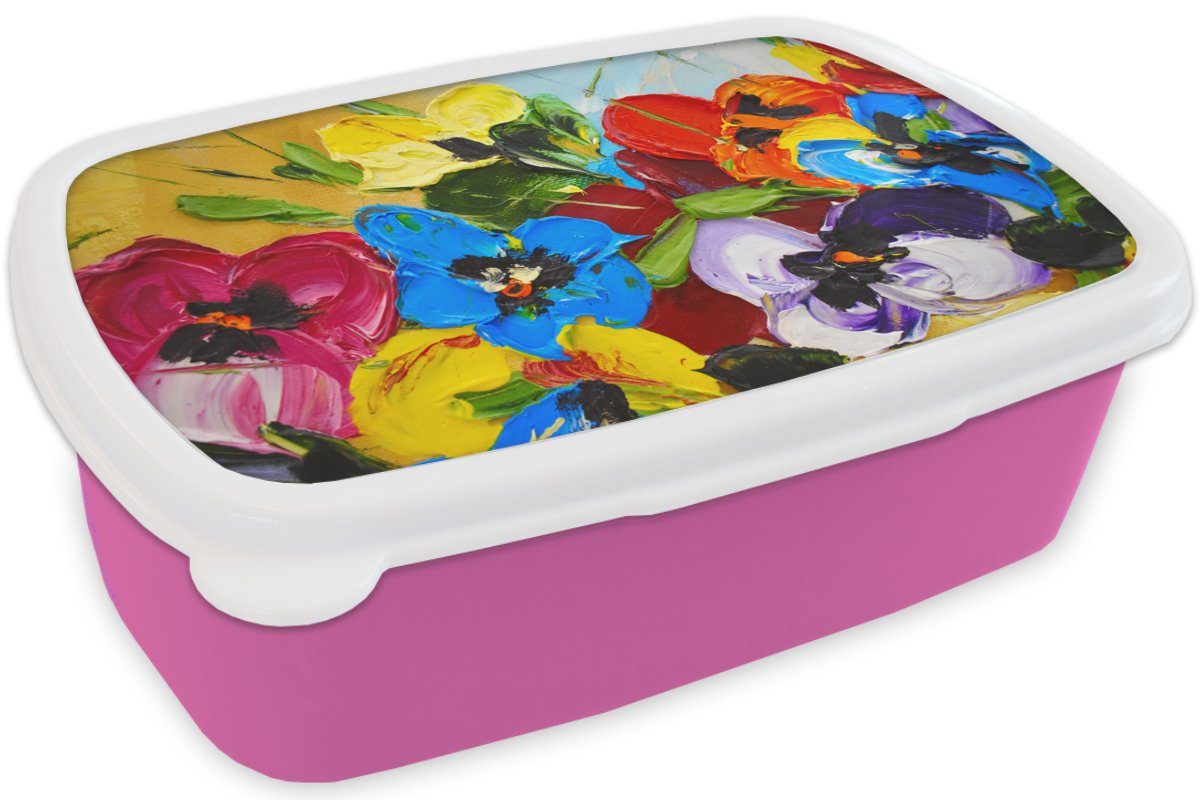 Mädchen, (2-tlg), Kunststoff Erwachsene, MuchoWow rosa Brotbox Lunchbox für Brotdose Blumen, - Ölfarbe Kunststoff, Kinder, Snackbox, - Malerei