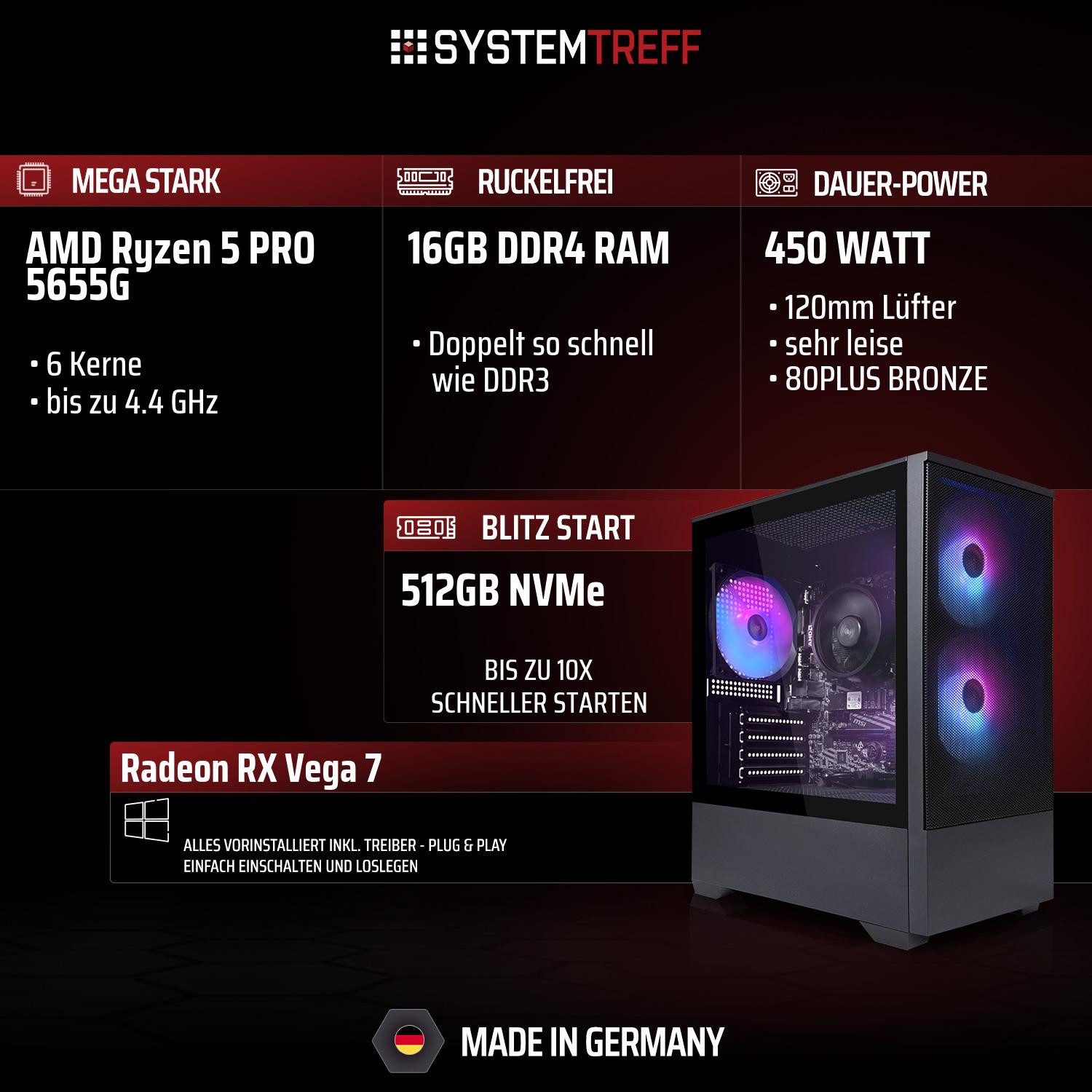 SYSTEMTREFF Basic Gaming-PC-Komplettsystem (27", AMD 5655G 5655G, RX Vega 7, 16 GB RAM, 512 GB SSD)