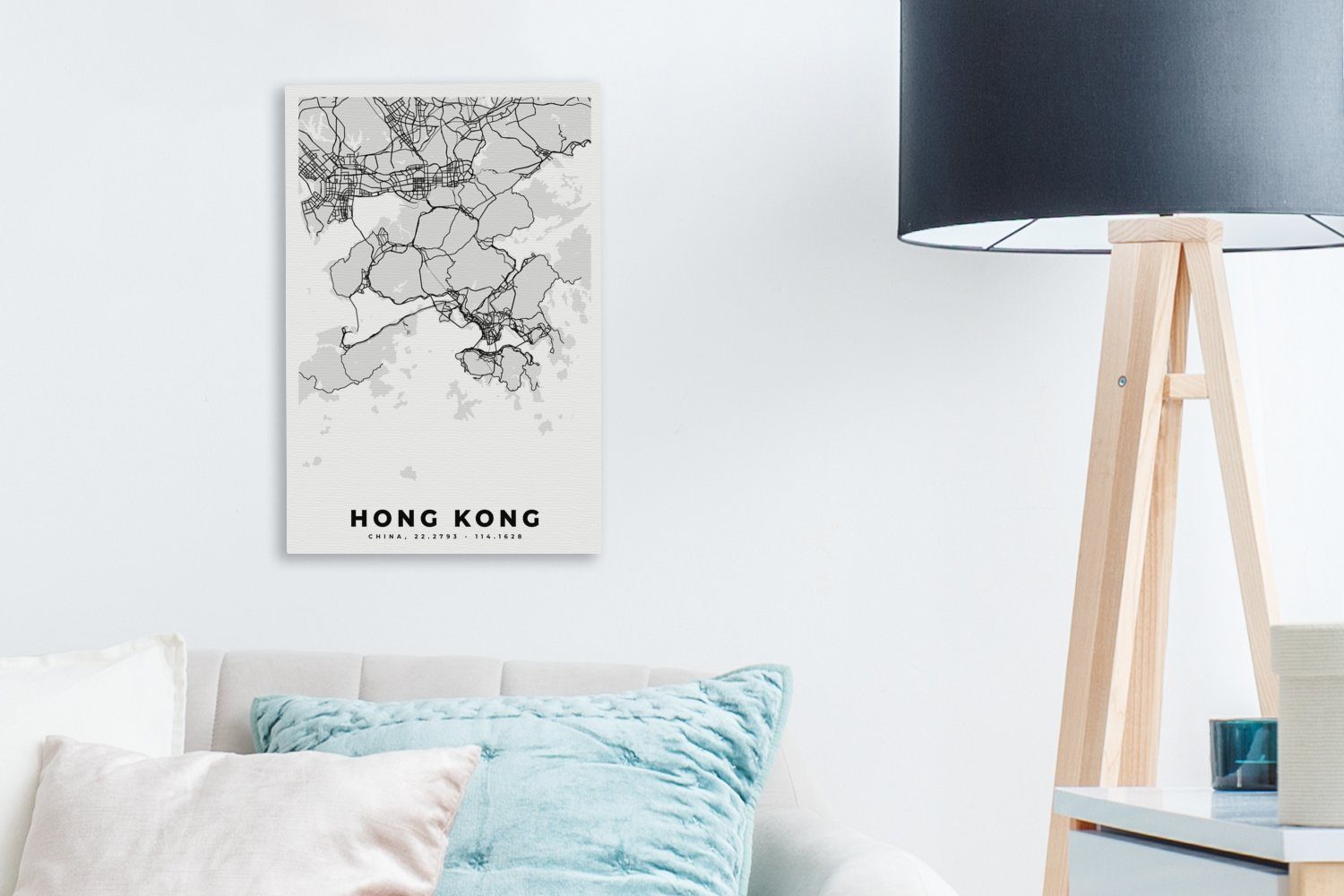 OneMillionCanvasses® Leinwandbild Hongkong - weiß - inkl. Karte, fertig St), Stadtplan Schwarz - Leinwandbild bespannt cm und 20x30 Gemälde, (1 Zackenaufhänger