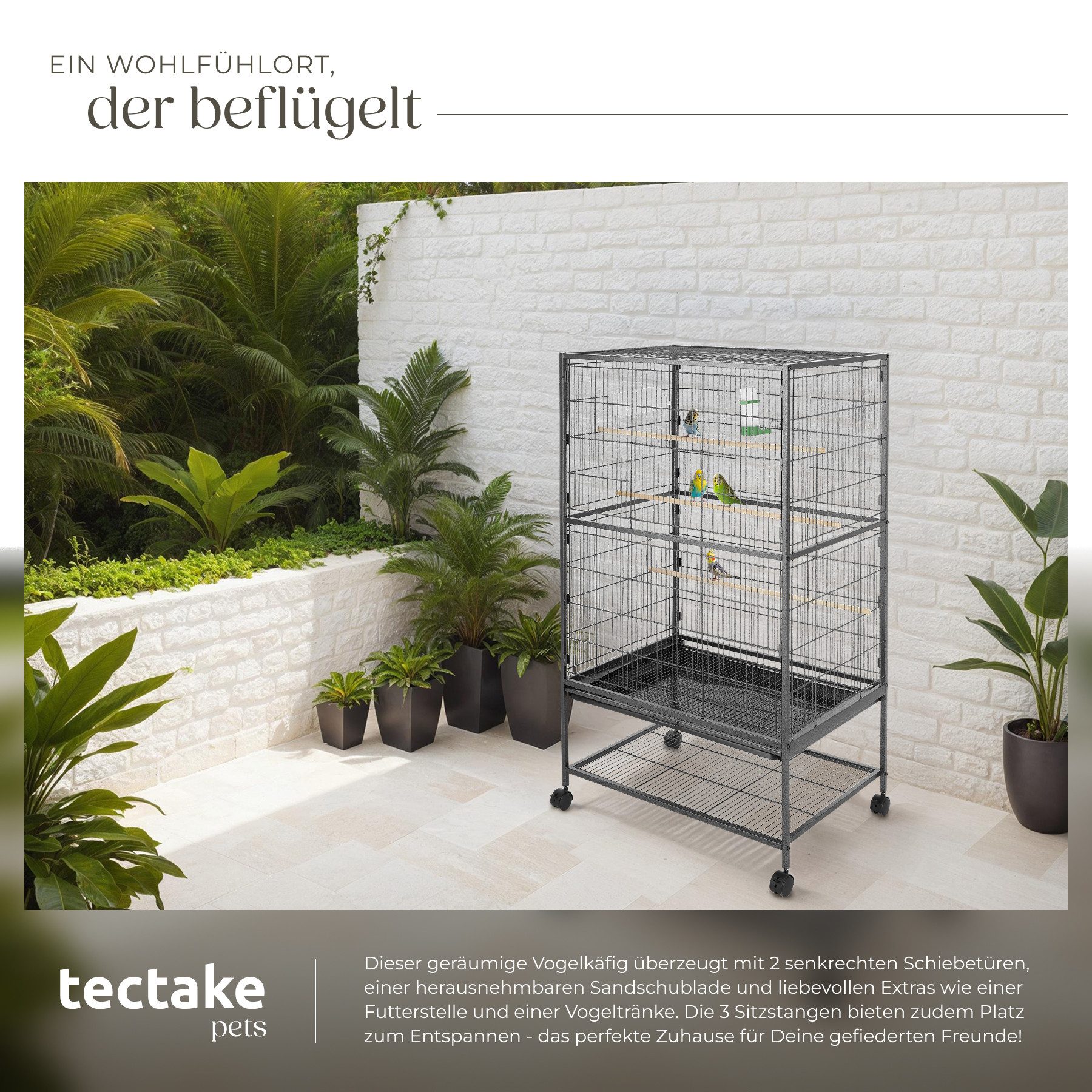 tectake Vogelkäfig Vogelhaus mit feststellbaren Rollen, 3 Sitzstangen, 78 x 52 x 131 cm, 2 Schiebeöffnungen, Inkl. Schublade, Futterstelle und Wasserspender