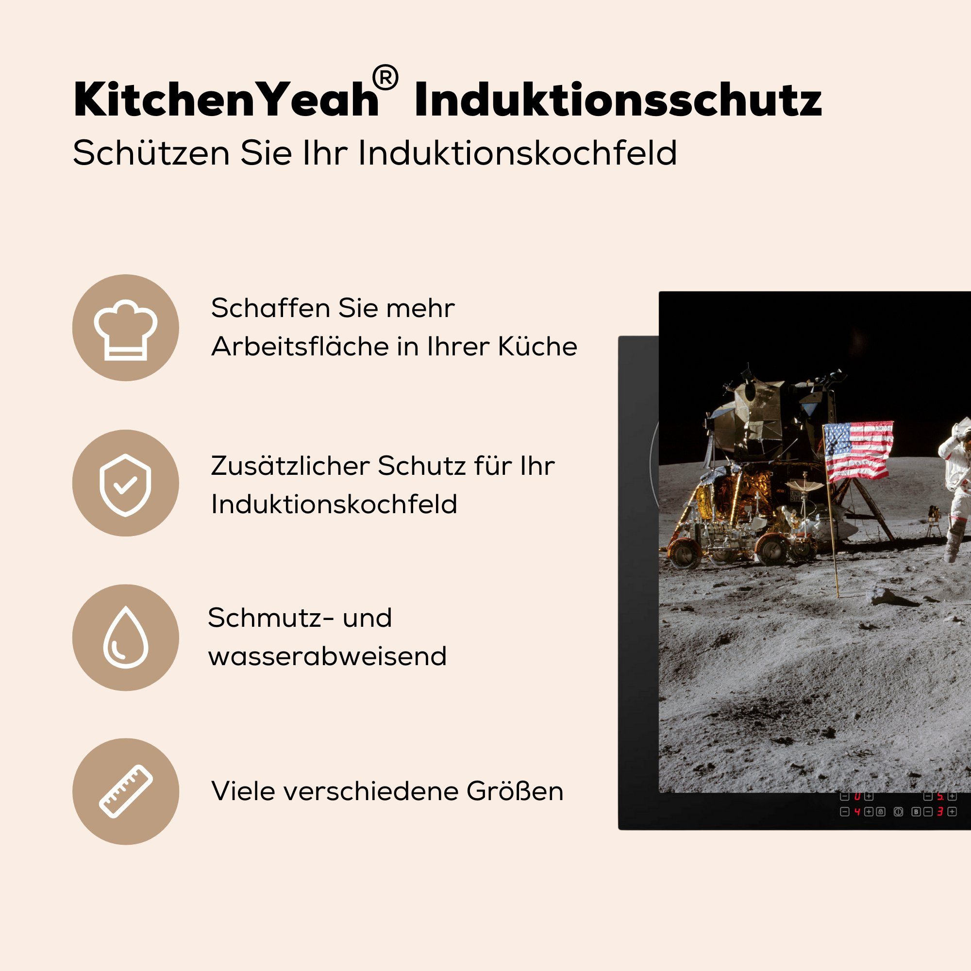 Flagge, für MuchoWow cm, Herdblende-/Abdeckplatte - Ceranfeldabdeckung, Mond Astronaut 78x78 tlg), - Arbeitsplatte Vinyl, küche (1