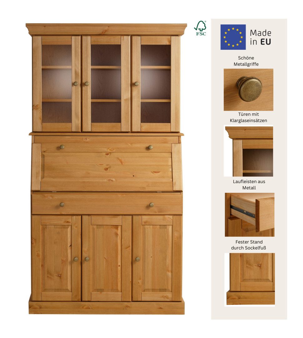 OTTO home Sekretär Rosi im Landhausstil, Schreibtisch aus Massivholz, mit Vitrine, in 2 Breiten