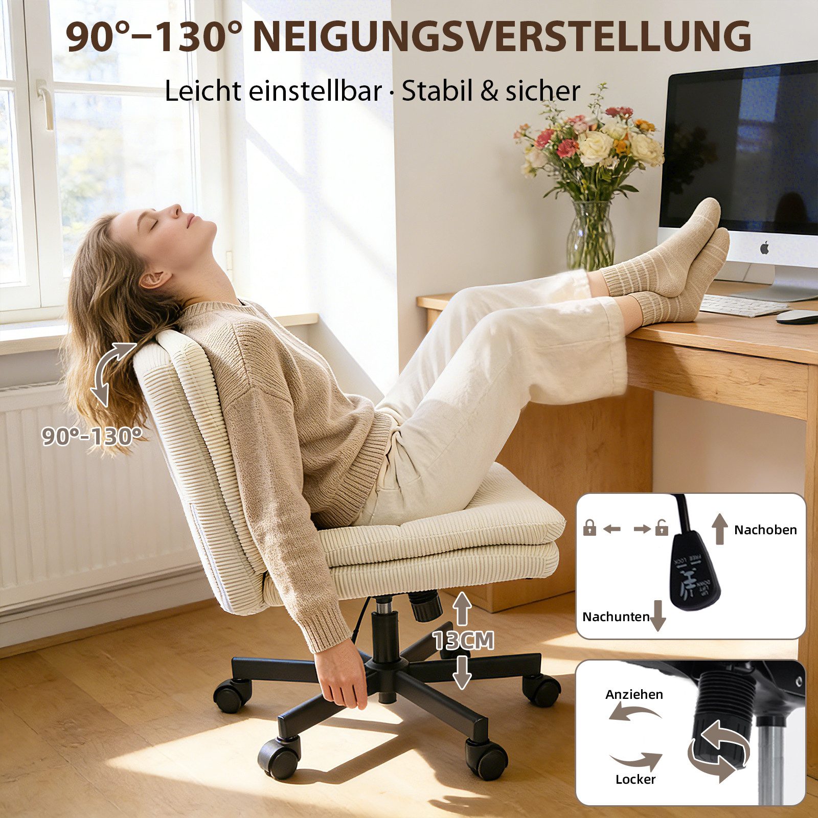 Durrafy Drehstuhl Bürostuhl aus Samt, Schminkstuhl ohne Armlehnen, mit Rollen (1er Set), für Schminktisch & Homeoffice, 360° drehbar, höhenverstellbar, 160 kg – Bild 4 von 5