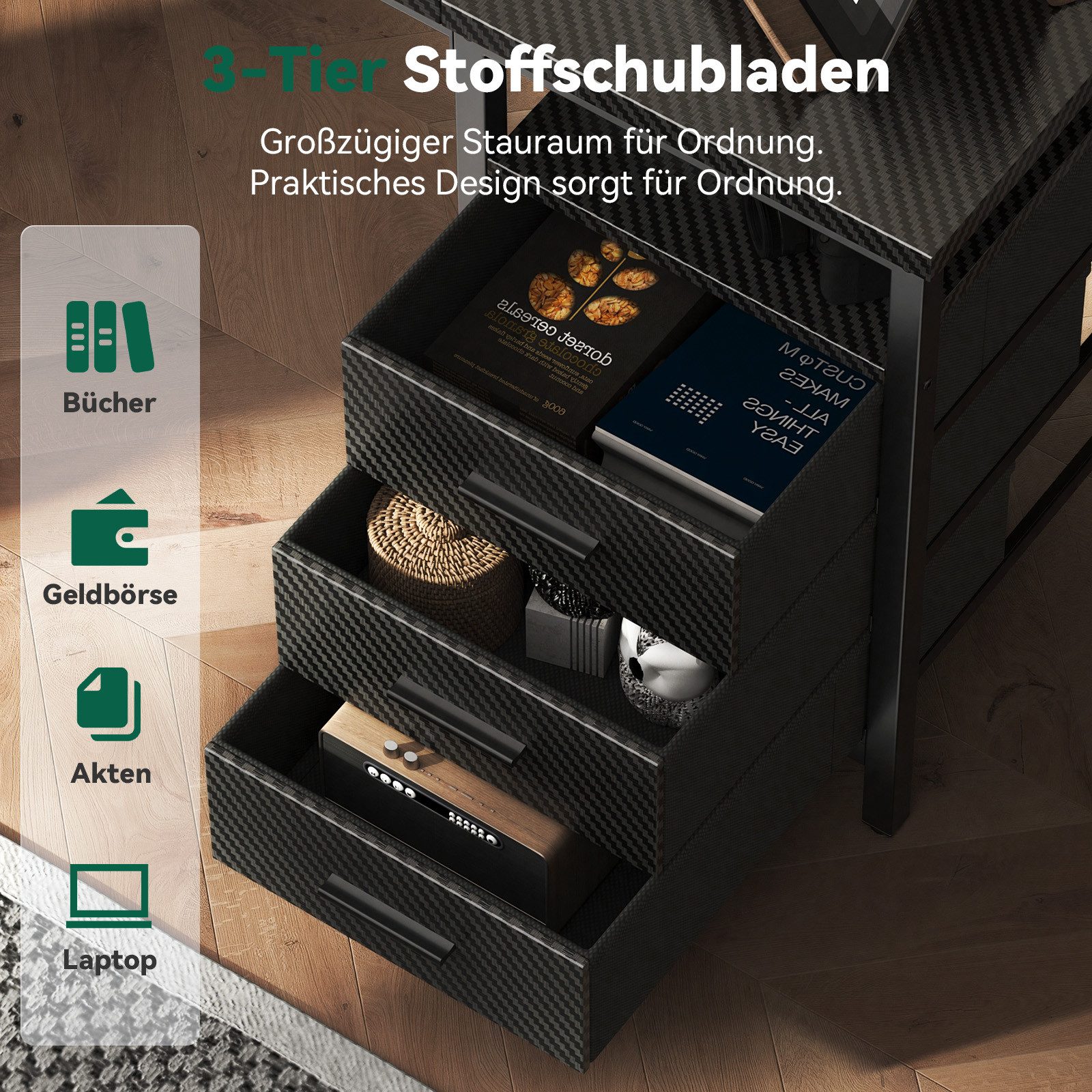 Patbrela Schreibtisch 120/140/160x60x75cm Umkehrbarer PC Tisch, Bürotisch Moderner Stil, Schreibtisch mit 3 Schubladen und 3 Justierbaren Regalen