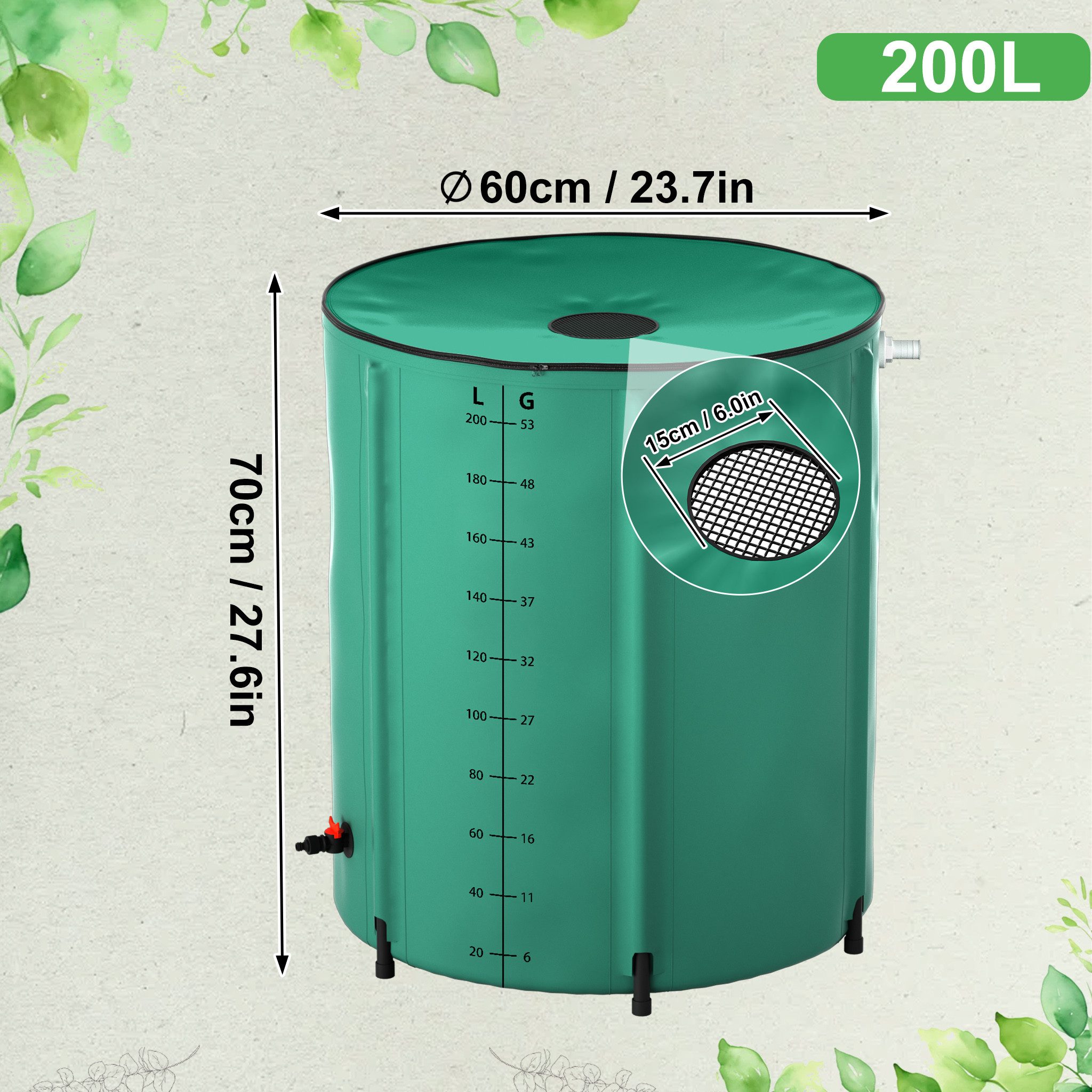 FIVMEN Regentonne Faltbare Regenwassertonne 200 L Regenwassertank Wassertank Regenfass, 200 l, Wasserauffangbehälter mit Wasserhahn, Skala, Ablauf von Regenwasser