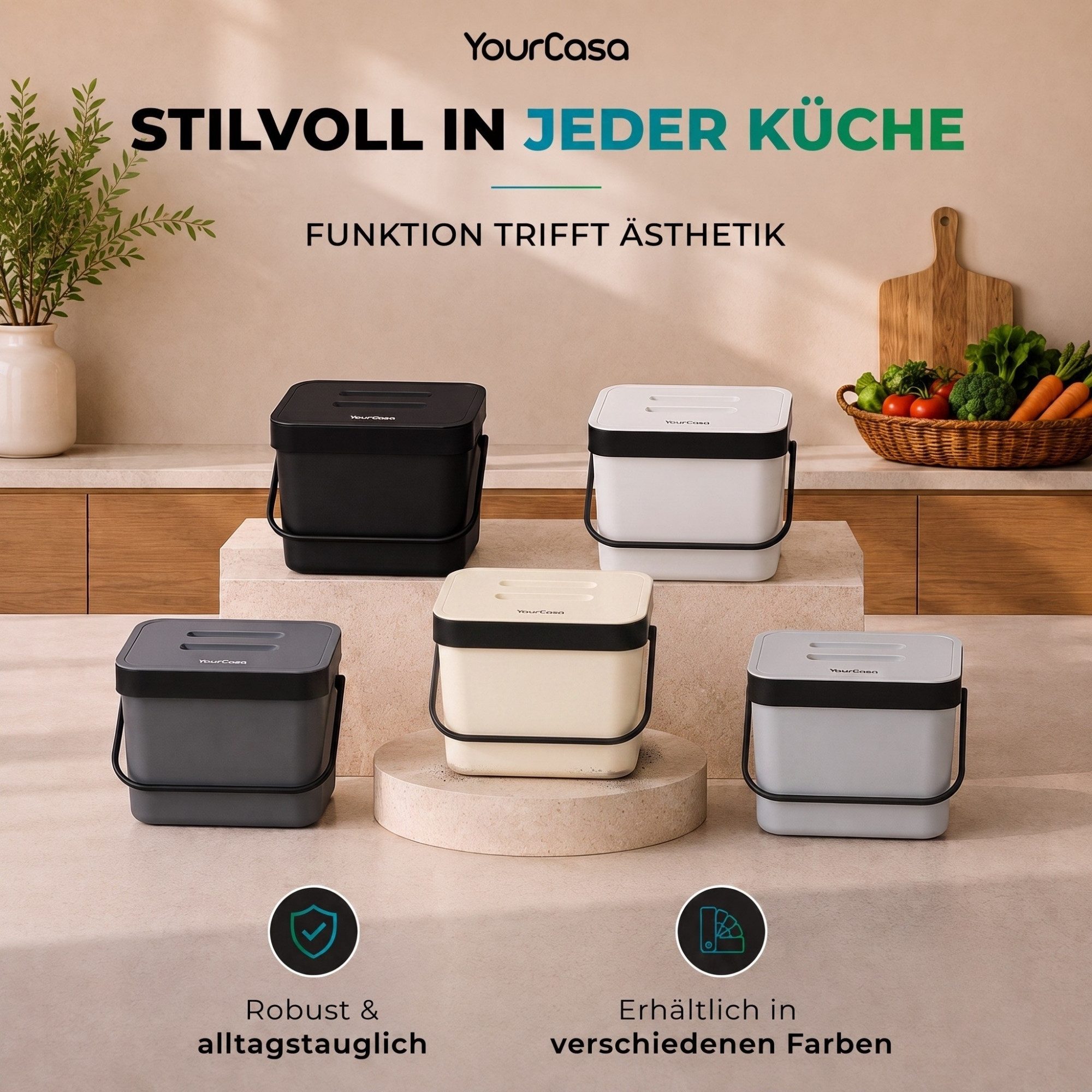 YourCasa Biomülleimer Küche 7L mit Halterung, Sieb und Deckel, 7 Liter, Mit Halterung – Bild 2 von 5