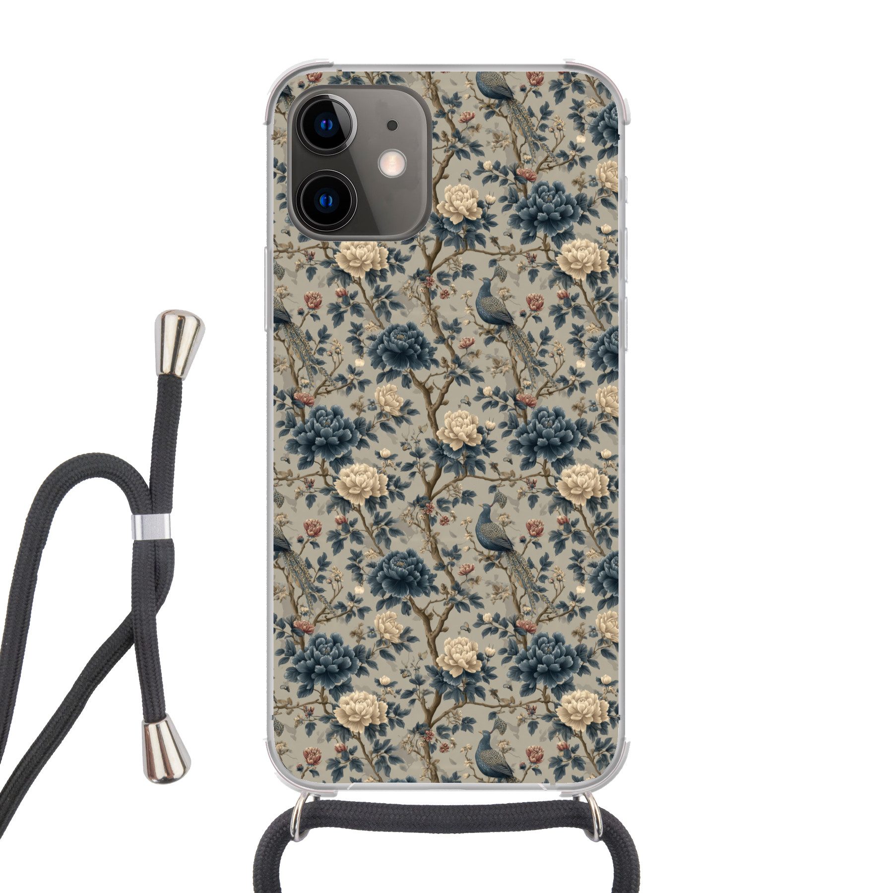 MuchoWow Handyhülle für Apple iPhone 12 Pfau - Blumen - Blau, Tragbare Handyhüllen mit Kette zum umhängen, Handykette Handyband