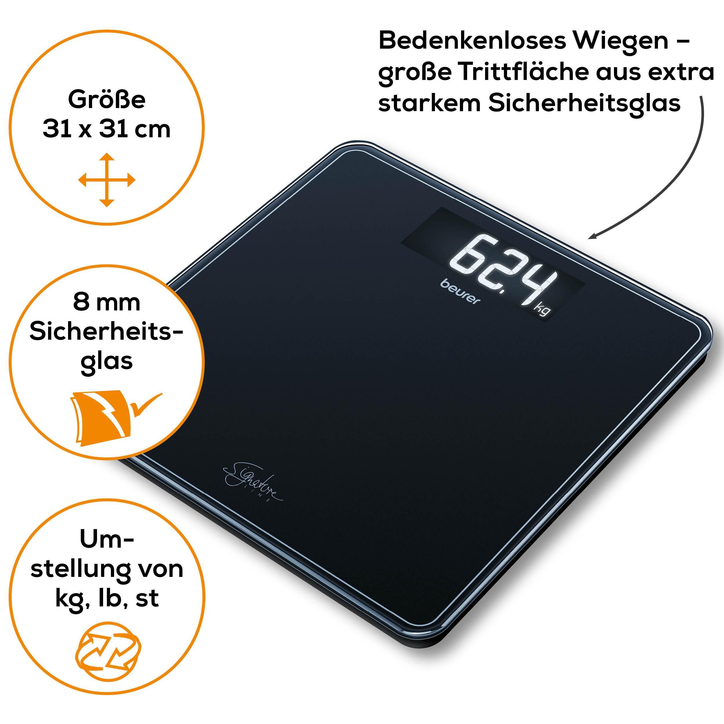 BEURER Personenwaage GS 400, große Trittfläche mit 8 mm weißem Sicherheitsglas, XL-Display, Tragkraft bis 200 kg und praktische Einschaltautomatik – Bild 5 von 5