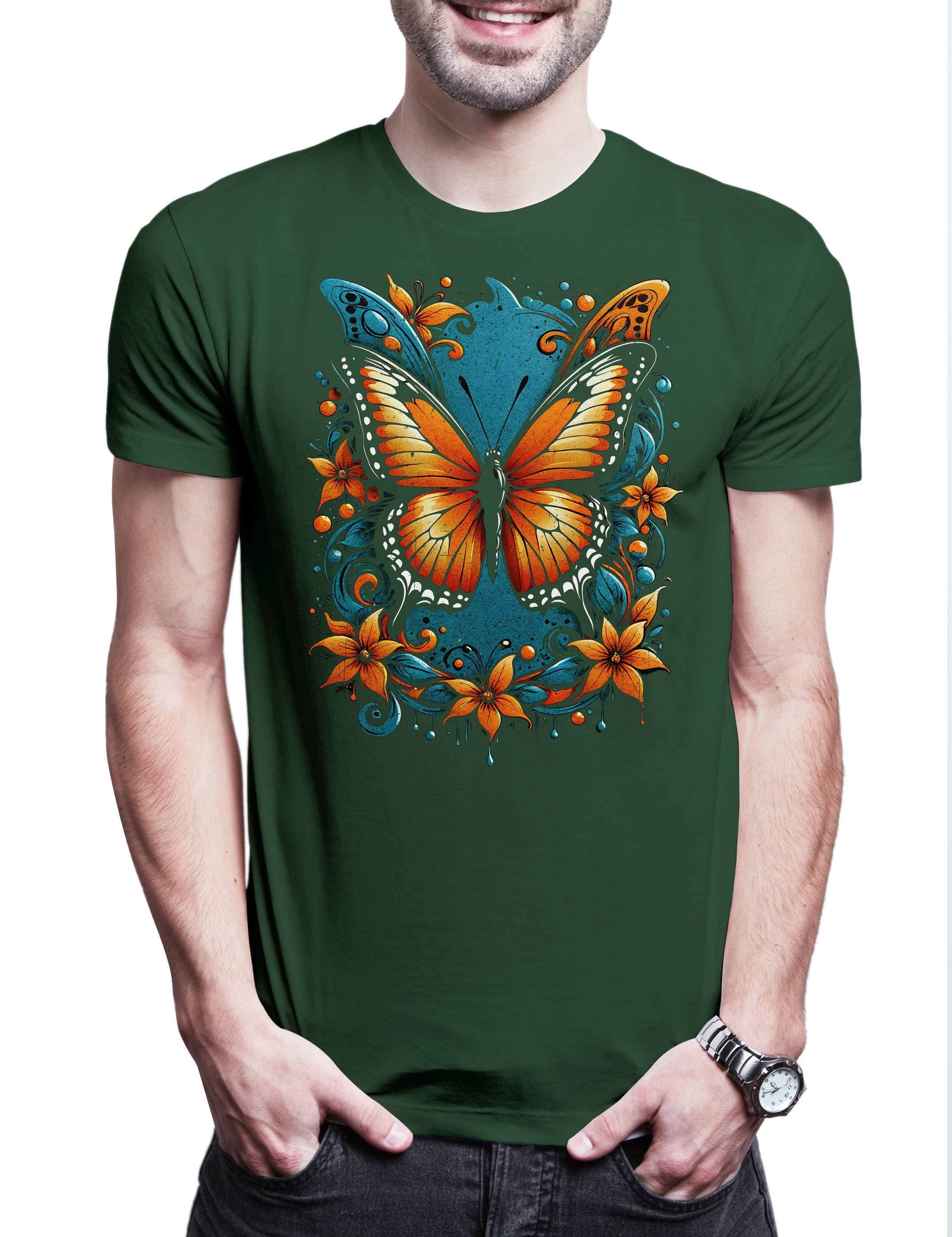 Print-Shirt Butterfly Herren T-Shirt Schmetterling Tattoo Art Girl Pin Up