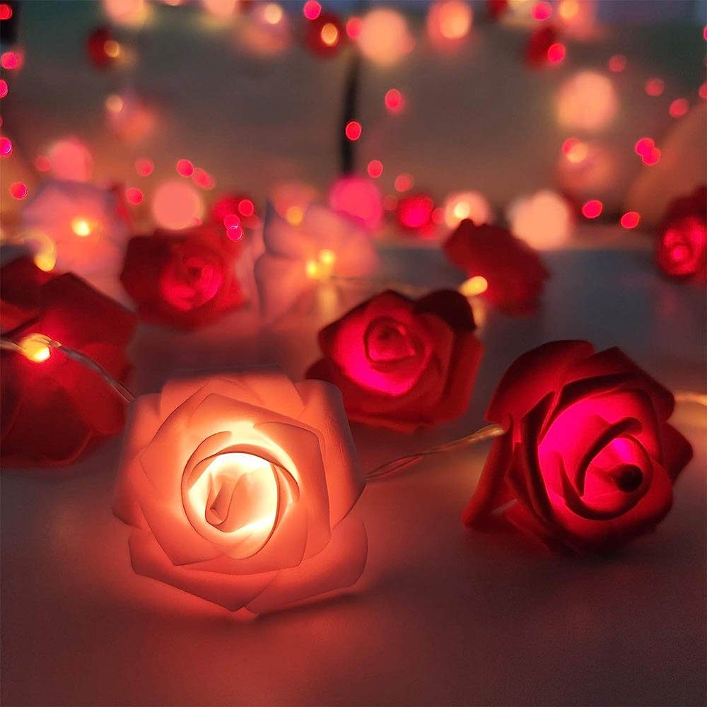 LED 3M Warmweiß,Batterie, 20LEDs Girlande,Kunstblume Rot Rosa LED-Lichterkette Weihnachten,Blumengirlande Nachtlicht Dekolicht Party Rose MUPOO Garten Rose,LED für
