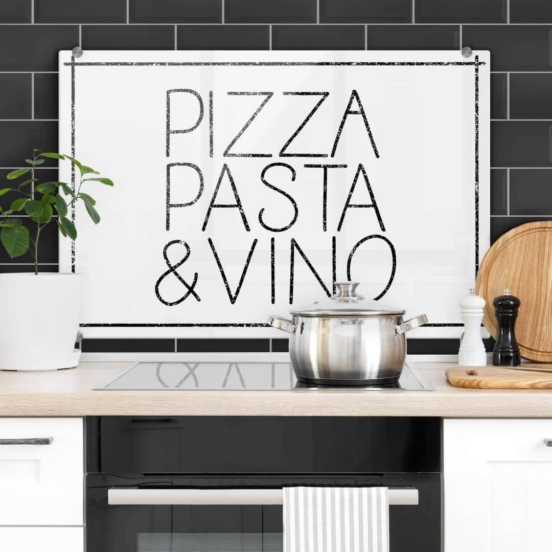 K&L Wall Art Gemälde Pasta Vino, Wandschutz Schriftzug Küchenrückwand Pizza Spritzschutz Glas Bild montagefertig Herd