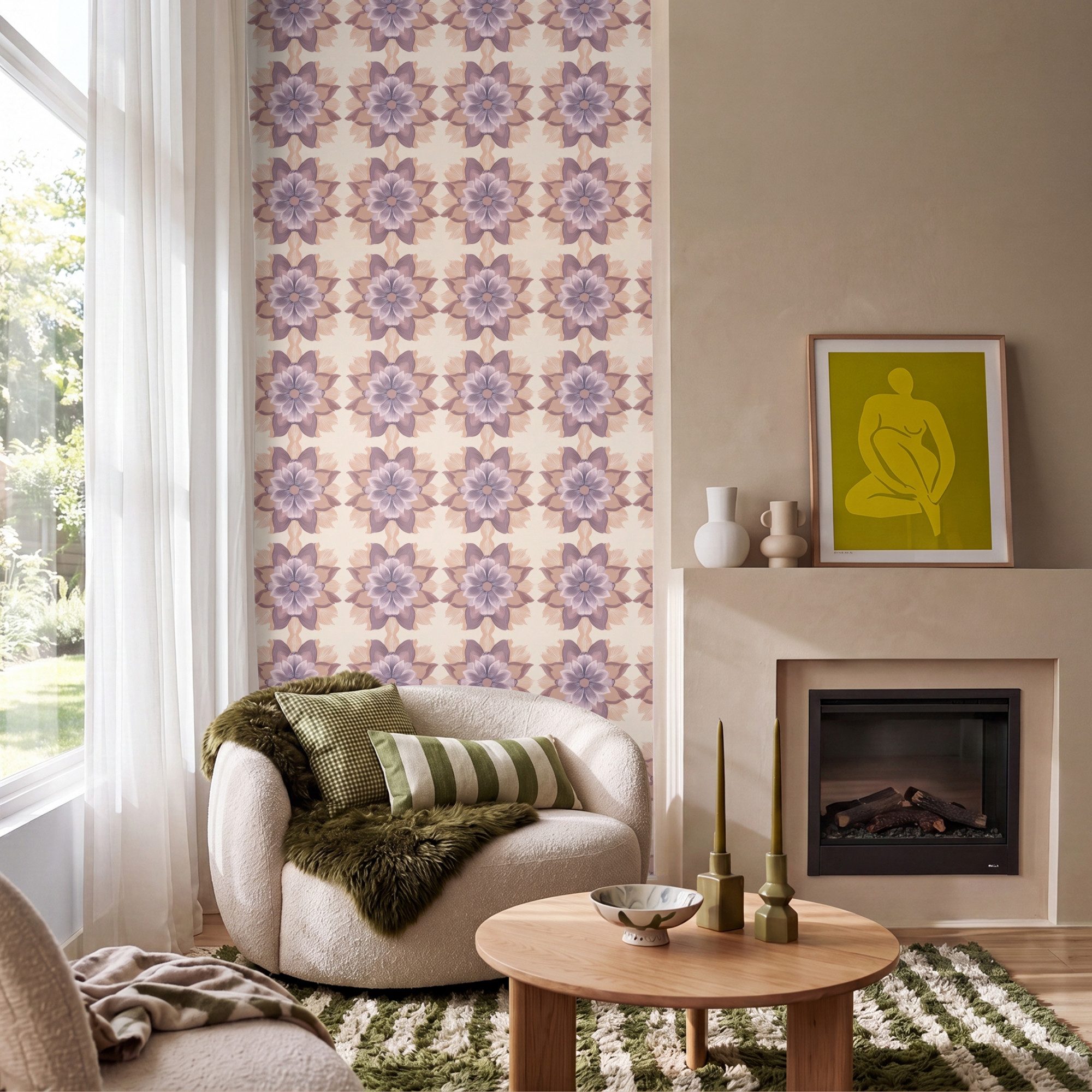 OnlyWow Fototapete Klassisch - Muster - Lila, Matt, bedruckt, Wandtapete, Schlafzimmer, Wanddekoration 100x220cm