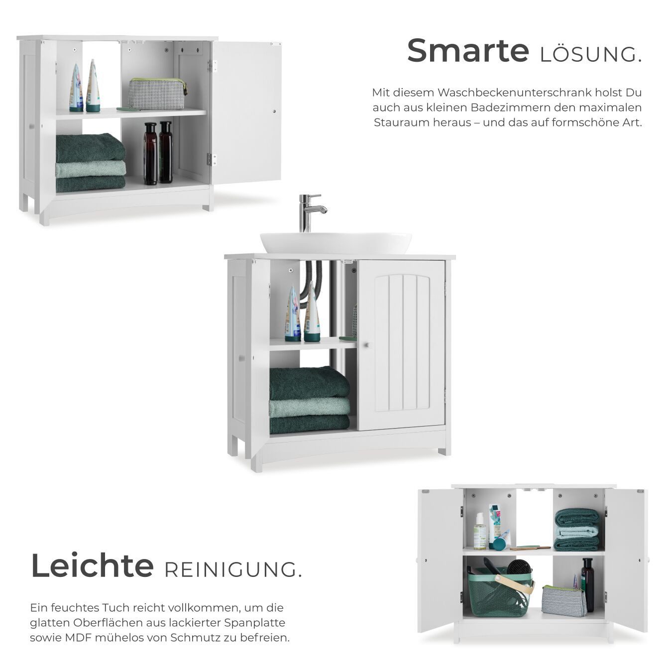 tectake Waschbeckenunterschrank Badezimmerschrank ohne Waschbecken, Belastbarkeit 35kg, 62 x 30 x (Badezimmer Unterschrank Jasper, in weiß) 2 geräumige Fächer,  – Bild 4 von 5