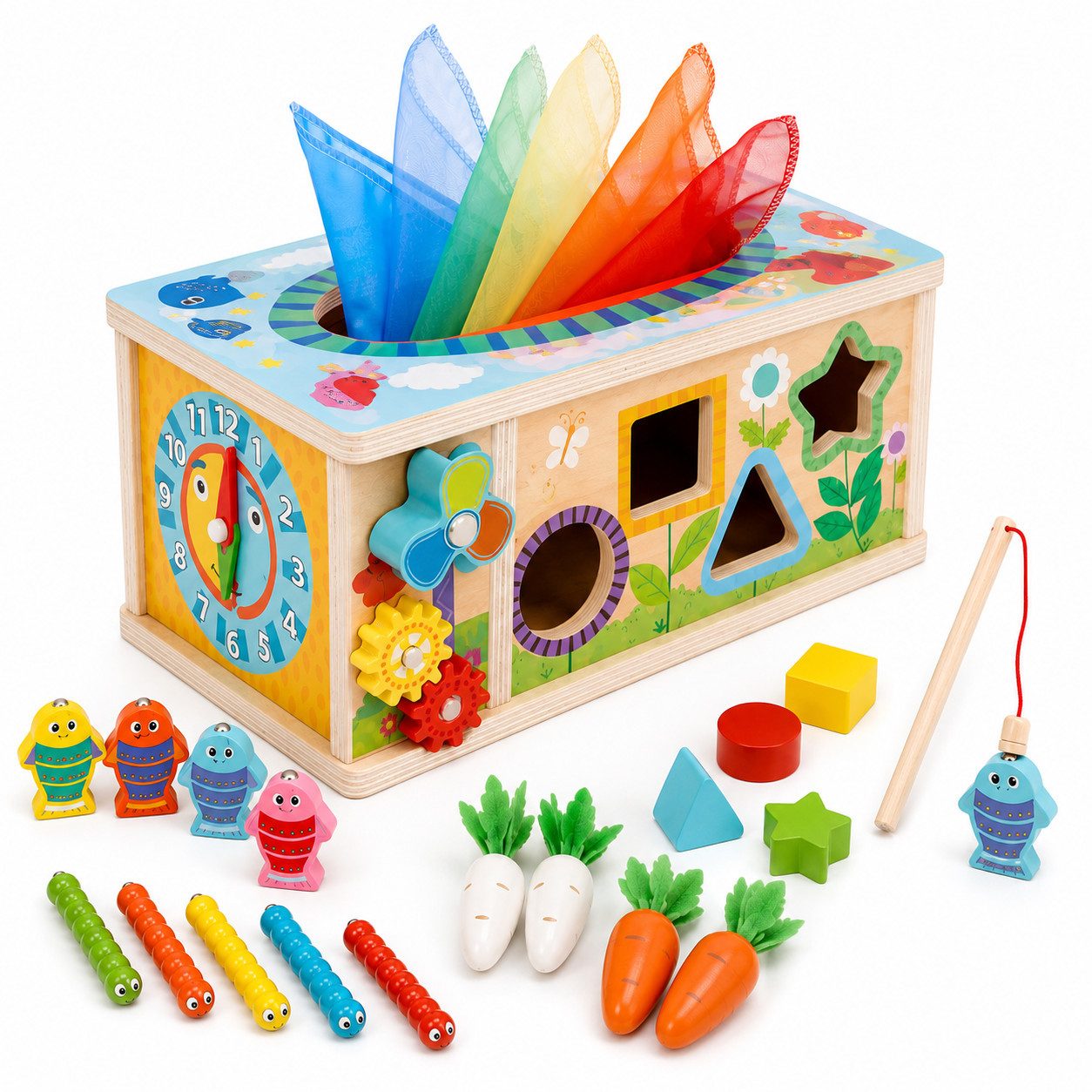 Luckice Lernspielzeug Montessori Spielzeug, Tücherbox, Holzspielzeug, Motorikwürfel (Spar-Set, 1-St., 6-in-1 Holz Montessori ab 6M: Tuchspiel, Angeln, Sortierer, Motorik), 6-in-1 Montessori Holzspielzeug, BPA-frei, fördert Feinmotorik