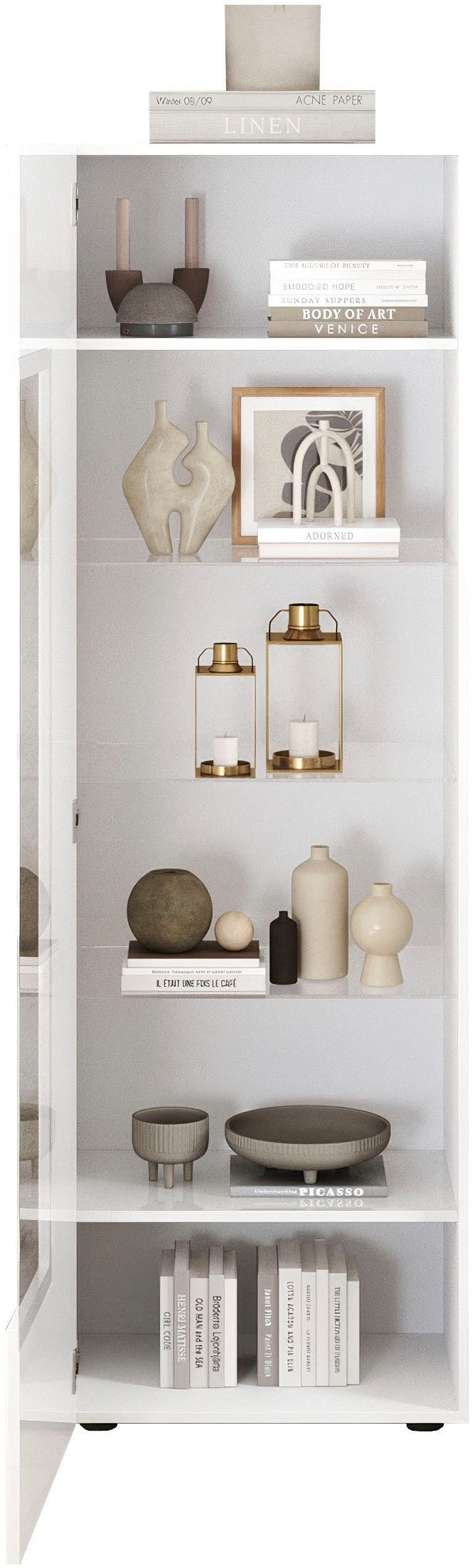 Home affaire Vitrine RIO, Höhe 187 cm, Hochschrank mit 1 Tür, Anrichte, Standvitrine Vitrinenschrank, geriffelte MDF-Front, modern, elegant, geräumig