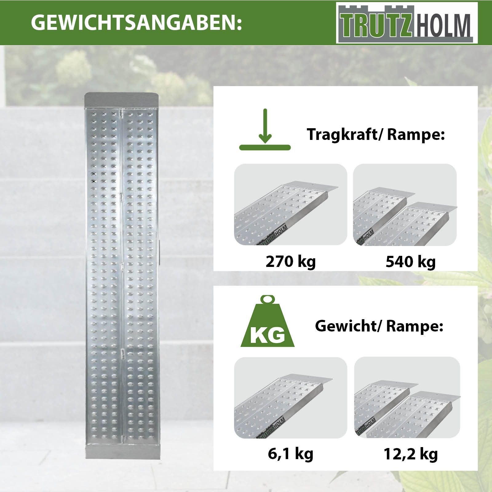 TRUTZHOLM Auffahrrampe leichte Ausführung starr Länge 200 Tragkraft 270 kg Auffahrschiene (1-St., Inkl. Spanngurt), stabile Konstruktion, hochwertige Verarbeitung
