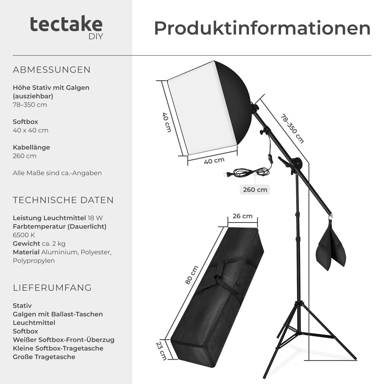 tectake Aluminium Studioleuchte Studio-Stativ-Blitz, (mit Softbox und ausziehbarem Galgenstativ)