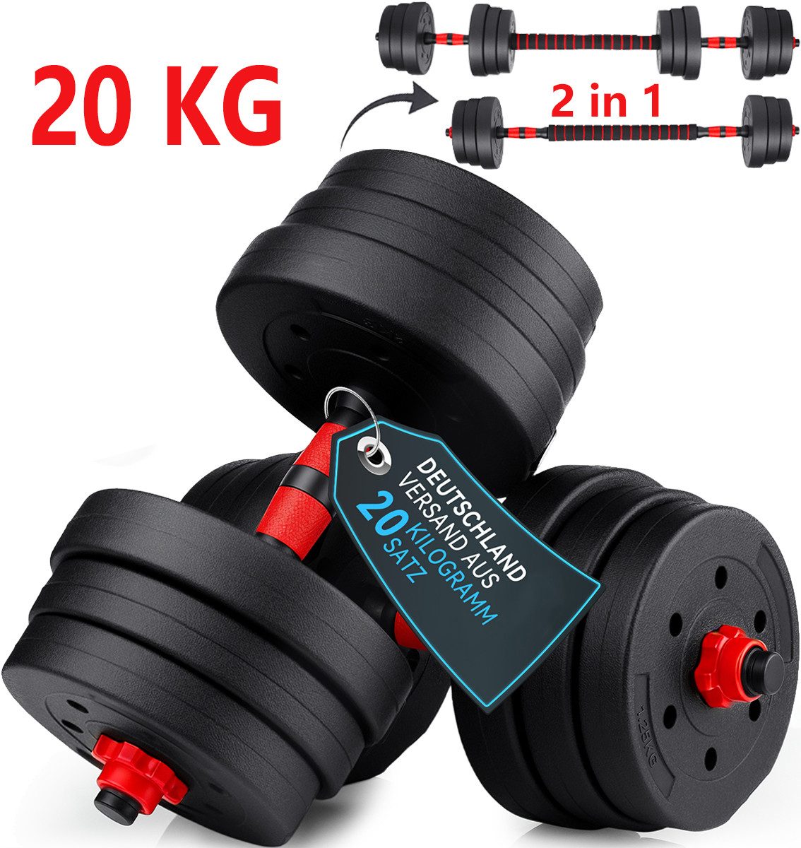 kehot Hantel-Set Hantelset 20kg Verstellbar Kurzhantel für Zuhause, (2-in-1 Kurzhantel & SZ-Stange mit Verbindungsteil, 4 Verstellbare Kurzhanteln + 2 Griffe + Verbindungsstange & Muttern), PVC Zement Hantelscheiben Robust, Fitness Muskeltraining Zuhause