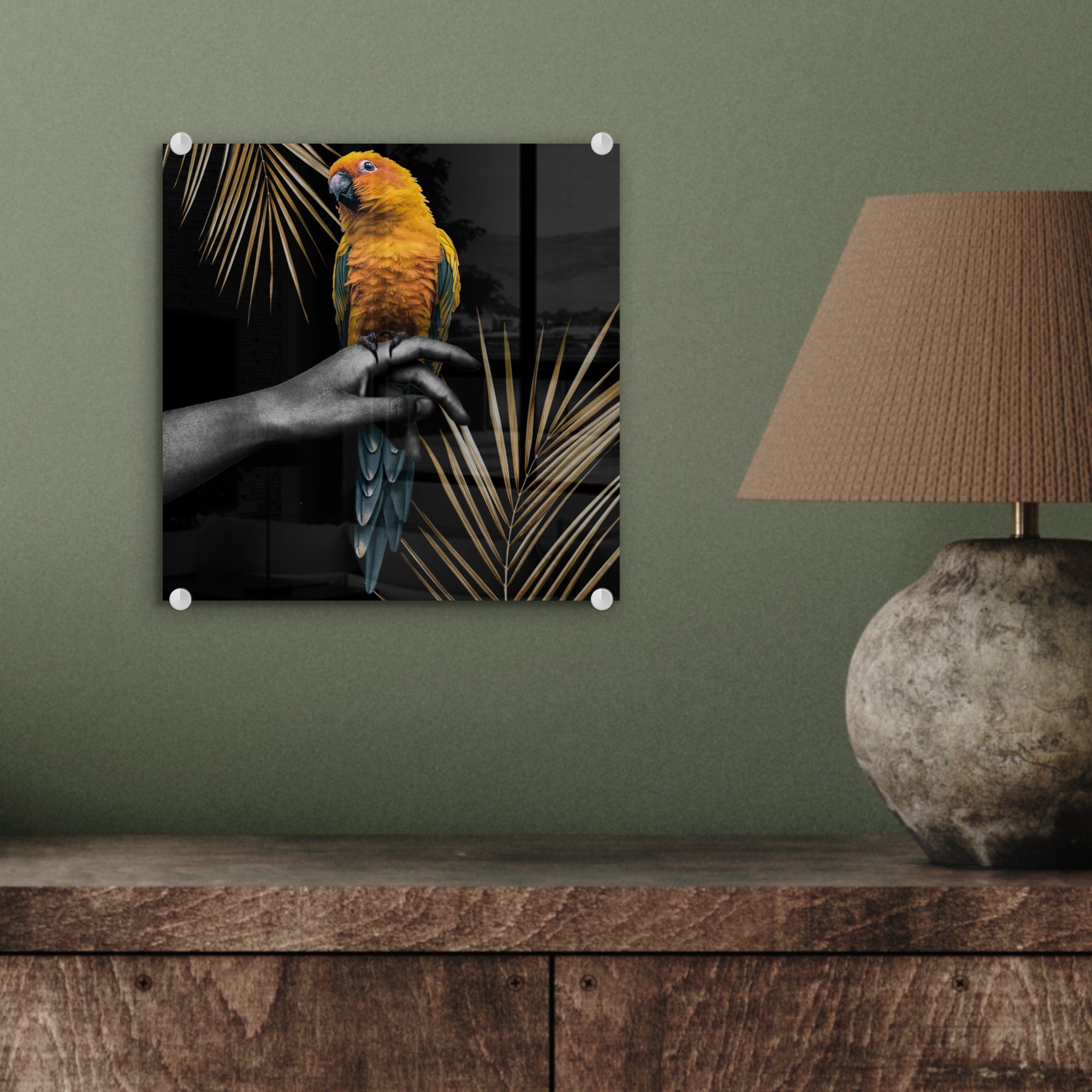 (1 - Papagei Foto - auf Bilder Acrylglasbild Farn, Hand - St), Vogel - Glas - auf Glasbilder Glas Wanddekoration MuchoWow - Wandbild
