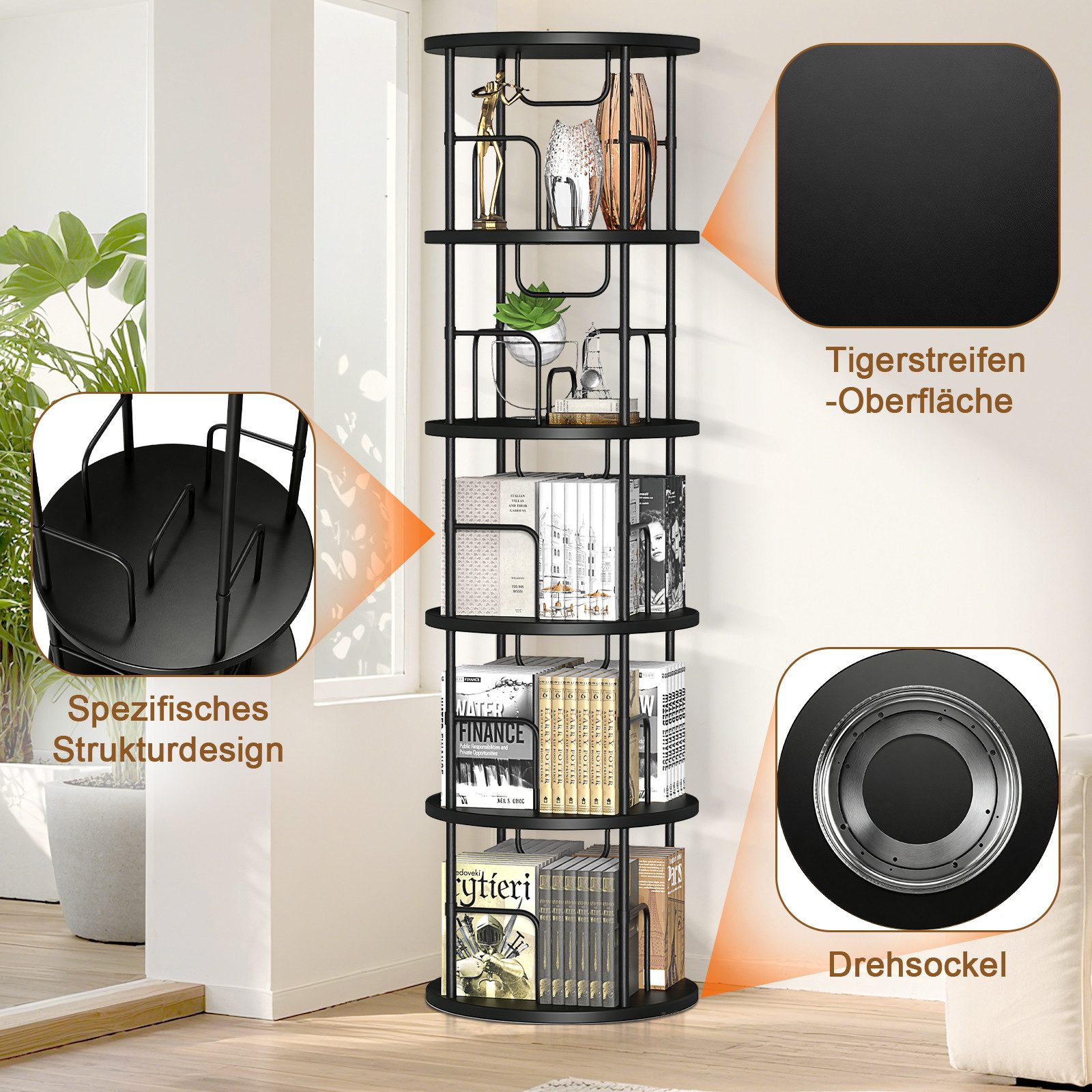 XERSEK Bücherregal 5 Ebenen 360° Drehbares Bookshelf Bodenstehendes Bücherschrank, 1.6m Aufbewahrungsregal Eckregal Spielzeugregal, für Kinderzimmer Wohnzimmer  – Bild 4 von 5