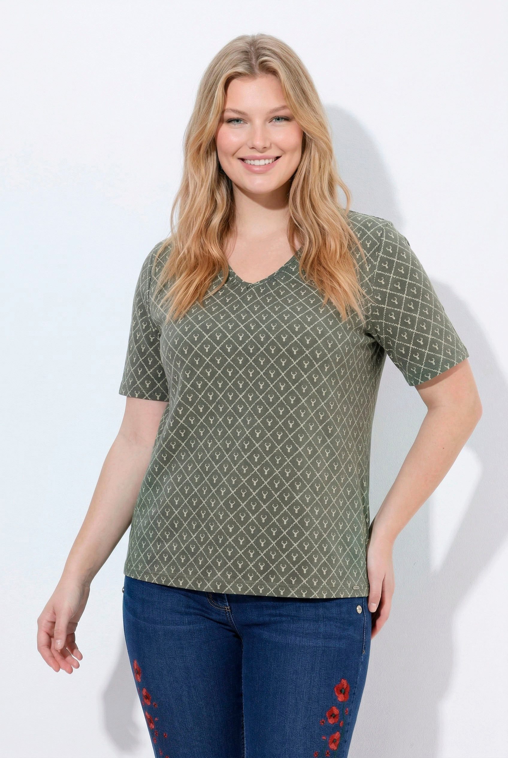 Ulla Popken T-Shirt T-Shirt Hirschgeweih A-Linie V-Ausschnitt Halbarm