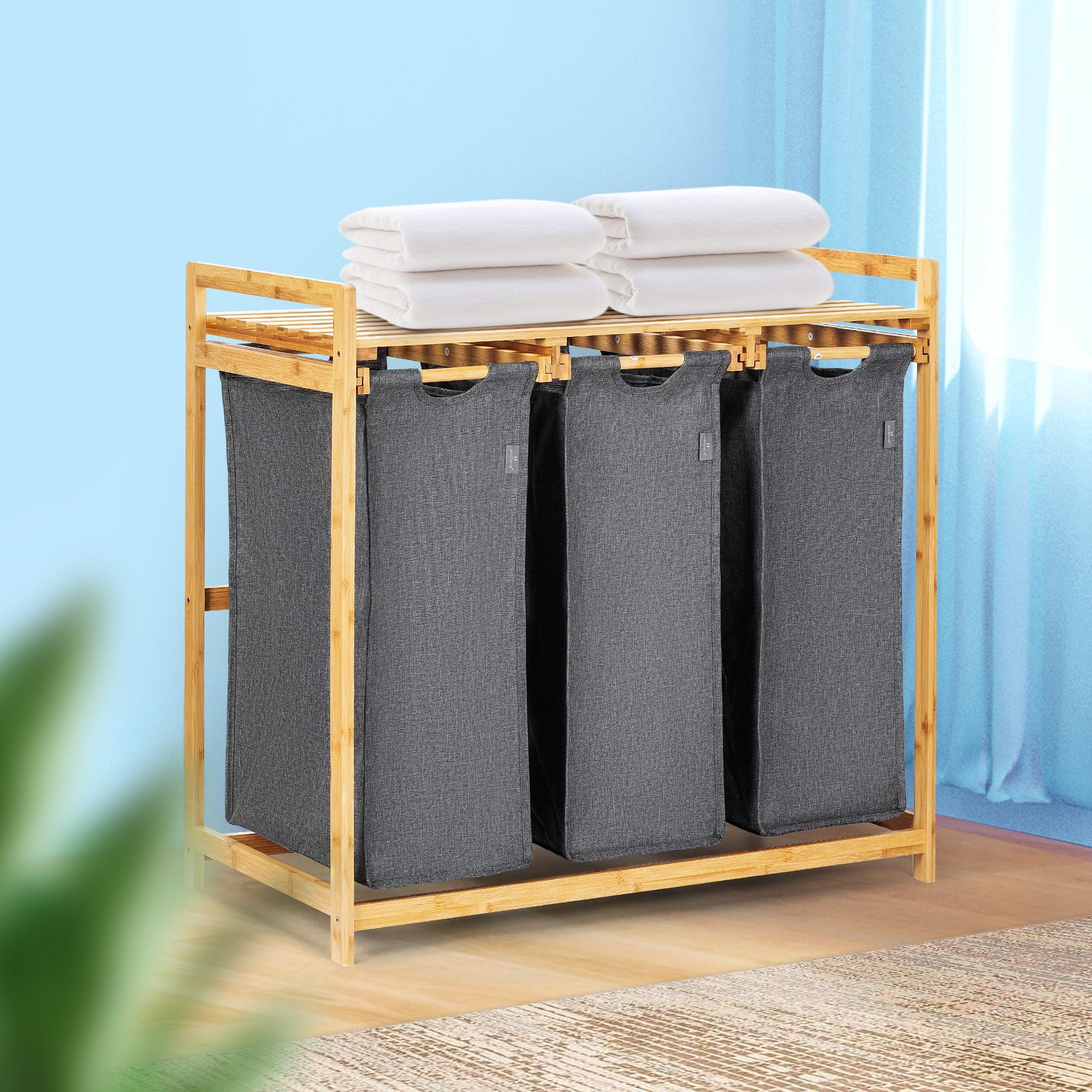 AdelDream Wäschekorb 3 Fächer,150L,Natürlicher Bambus,ausziehbarer  Wäschekorb