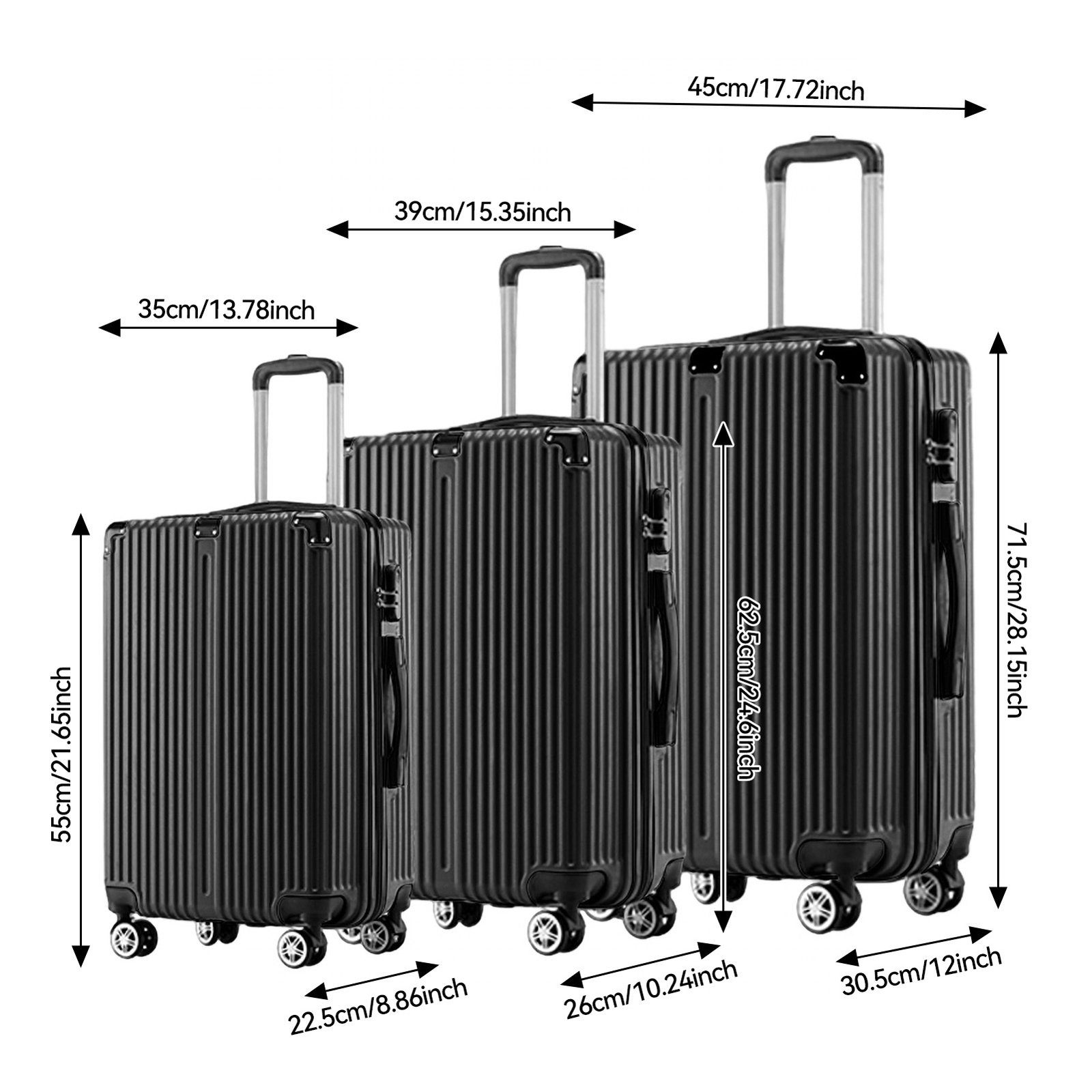 FUROKOY Kofferset ABS-Material, Rollkoffer, Zahlenschloss Hartschalen-Handgepäck Reisekoffer , 2 Set, 3-teiliges mit stil schwarz
