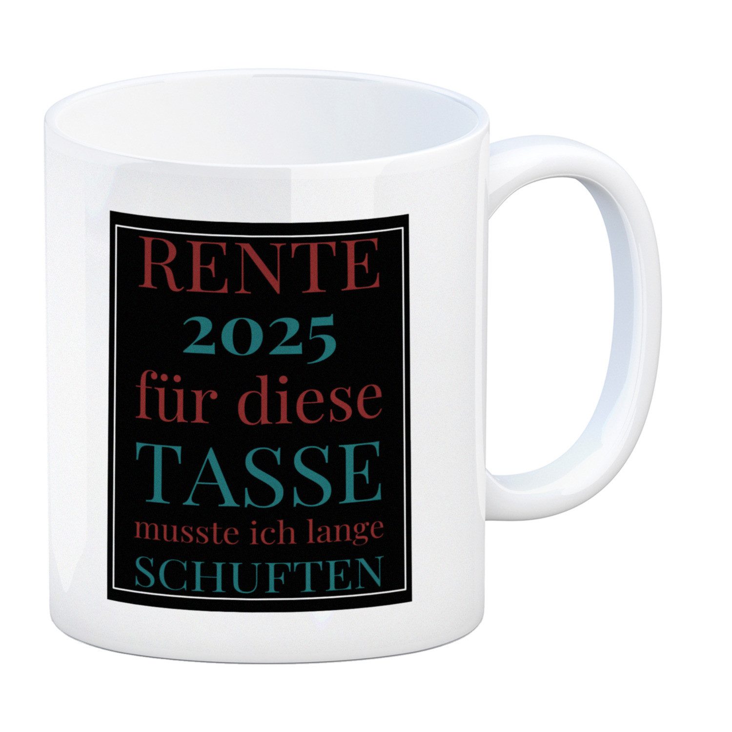 speecheese Tasse Rente 2025 Kaffeebecher eine bunte Tasse für Rentner in weiß
