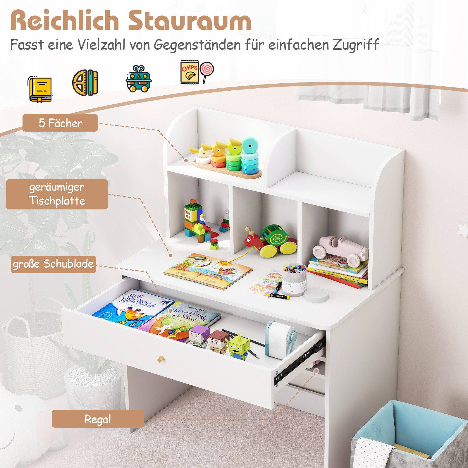 COSTWAY Kindertisch, Kinderschreibtisch, Holz, mit Ablagefach, günstig online kaufen