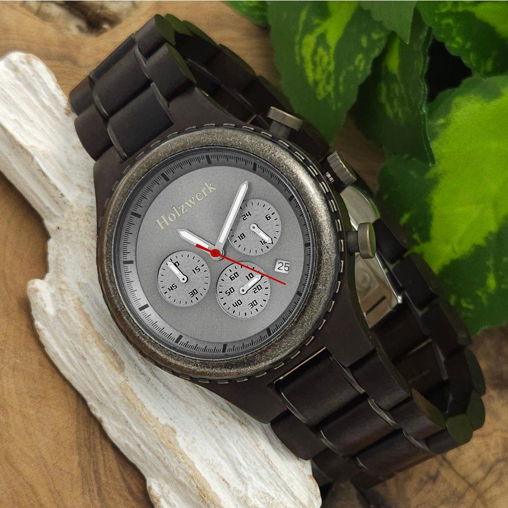 Holzwerk Chronograph ISERLOHN Herren Holz Armband Uhr mit Datum, braun, schwarz, silber