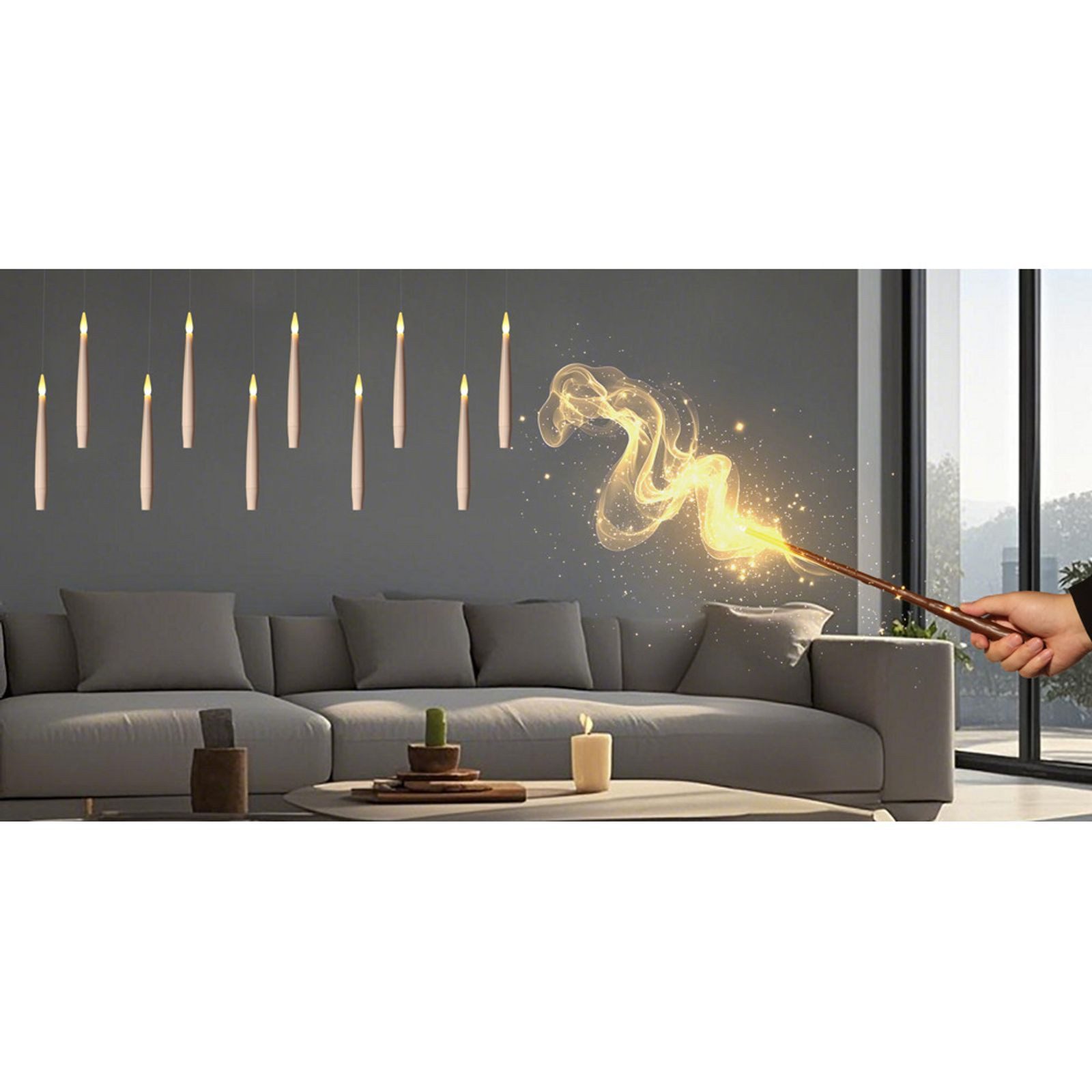 BURI Kugelleuchte Schwebende LED-Kerzen mit Zauberstab 10er-Set Warmweiß Weihnachtsdeko