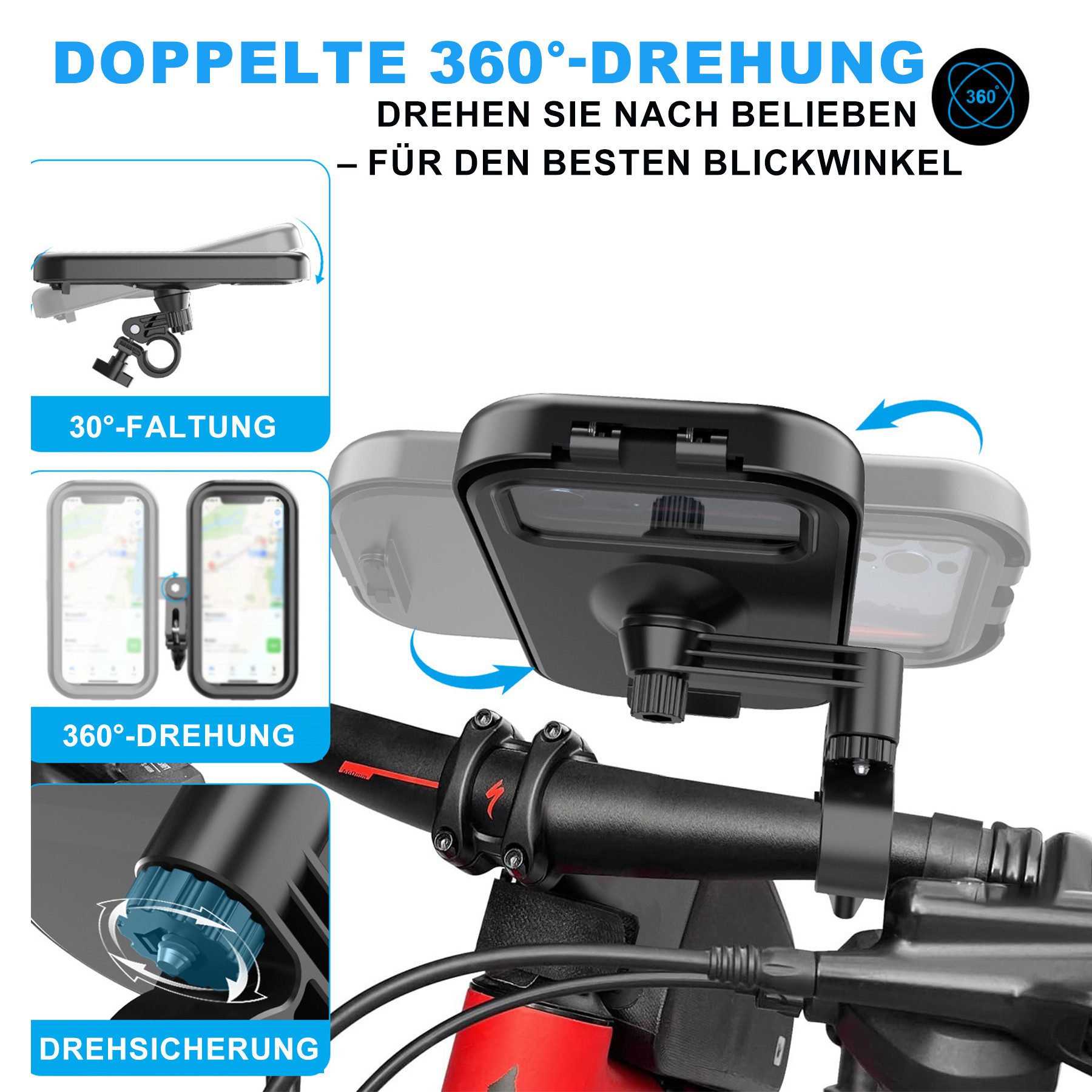 Keyura Handy-Halterung wasserdichte Motorrad Telefon Halterung Fahrrad Telefonhalterung, (bis 6.8 Zoll, 360° Drehbarer Handyhalter Universal-Lenkerinstallation, empfindlicher Touchscreen, Universal Fahrrad Handyhalterung, Für 4.7-6.8 Zoll, Smartphone,z. B. iPhone 16/15/14 Pro Max Plus)