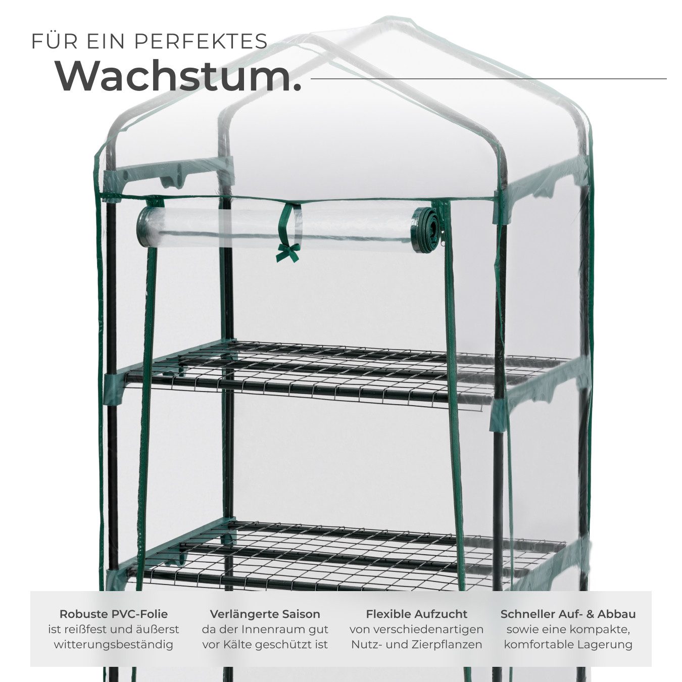 tectake Gewächshaus Mobiles Foliengewächshaus mit 3 Ablagen 69x49x133cm, 0,40 mm Wandstärke, Set, 69 x 49 x 133 cm, 0,36 m³, auf Rollen