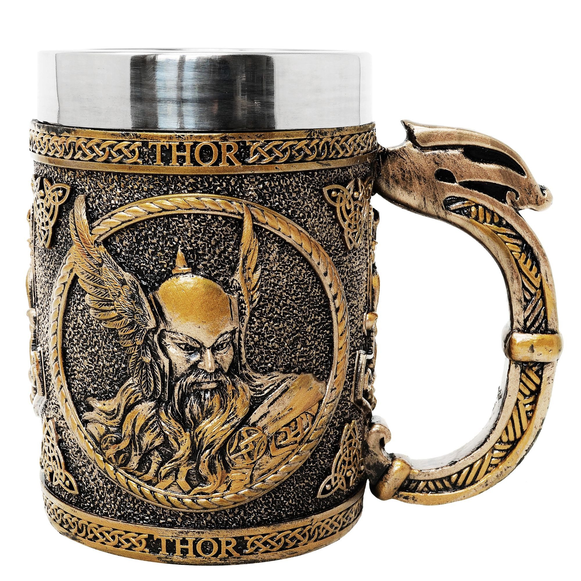 MystiCalls Bierkrug XL Krug Thor Wikingerkrug Mittelalter Gott 0,5l Fassungsvolumen, Polyresin, Herausnehmbarer Metalleinsatz