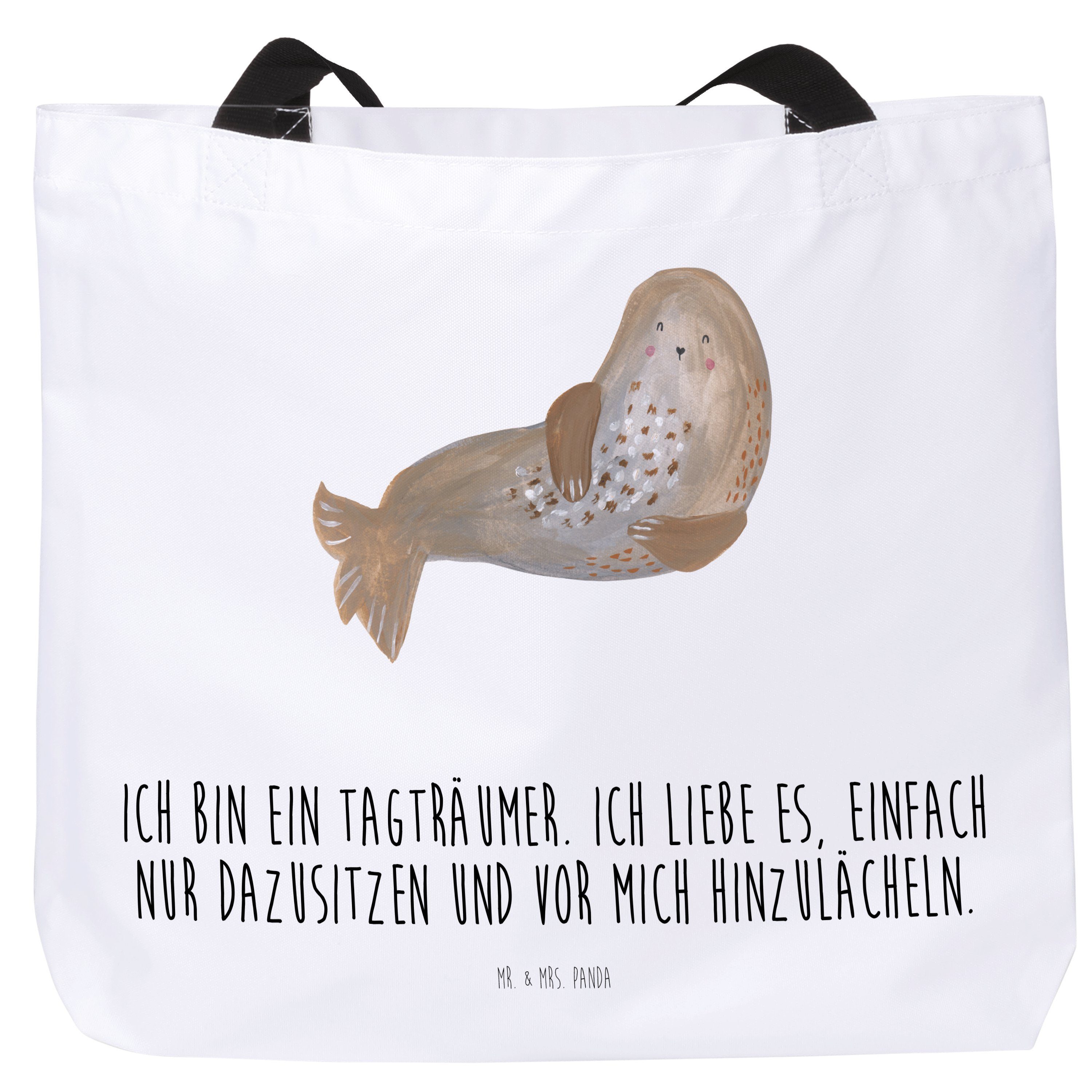 Mr. & Mrs. Panda Shopper Robbe lachend - Weiß - Geschenk, Strand, Gute Laune, Einkaufsbeutel, (1-tlg) | Shopper