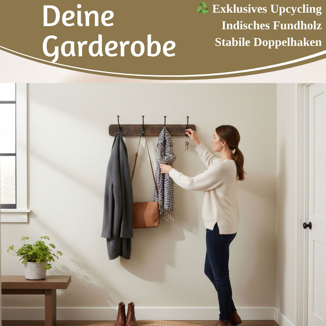 LS-LebenStil Wandgarderobe Vintage Teak Holz 60cm 4/8 Haken Jackenhalter Braun Garderobe (Serie Delhi, indisches Fundholz, 1 St., Nachhaltige Teak Holz Hakenleiste 4 Haken Garderobenhaken Kleiderhaken)