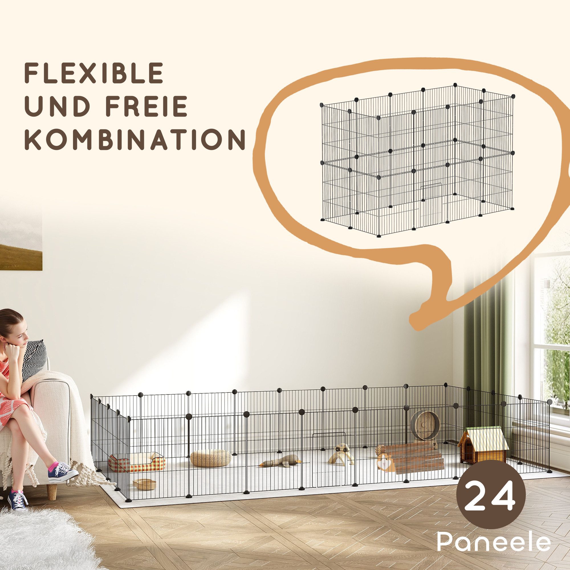 furnicato Kleintierkäfig Modulares Meerschweinchengehege 120L x 60B x 80H cm, Schwarz
