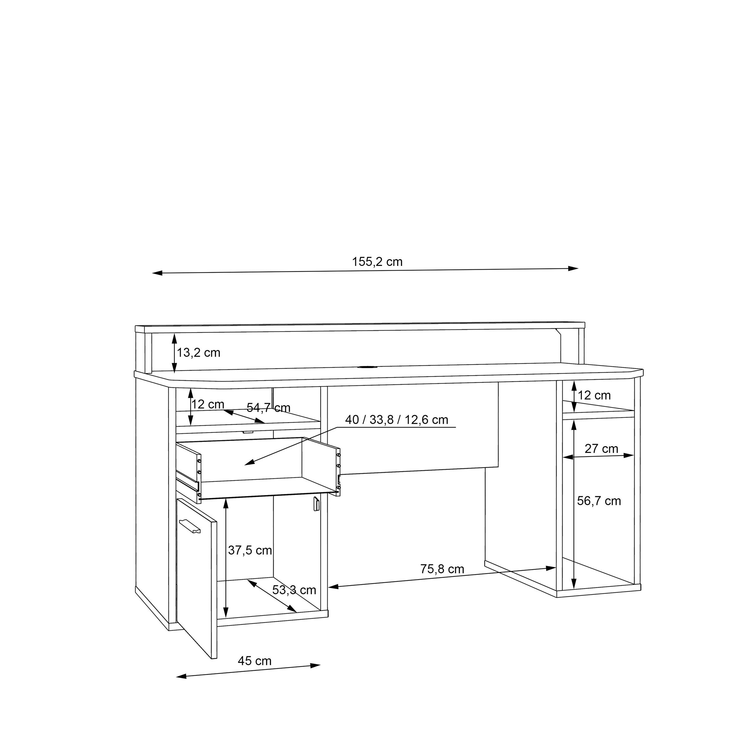 freiraum Schreibtisch TEZAUR, LED-Beleuchtung, Ablage, Fächer, in Weiss - 160x91x72cm (BxHxT)