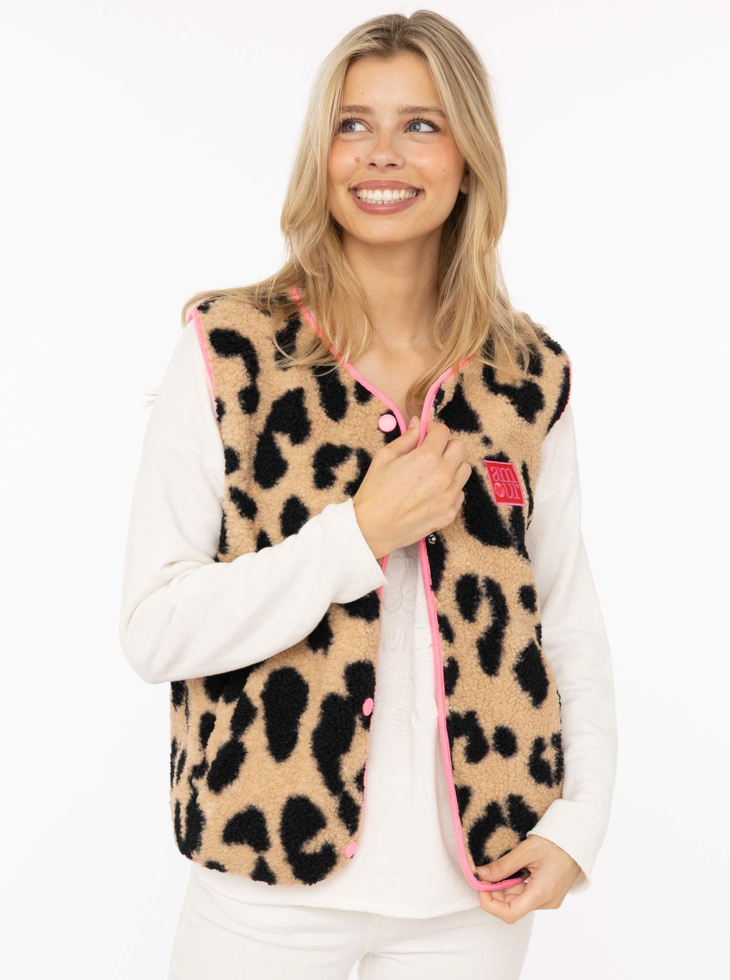 Zwillingsherz Plüschweste "Leo Love" Leomuster, ärmellos, pink eingefasste Kanten, Druckknöpfe, Patch