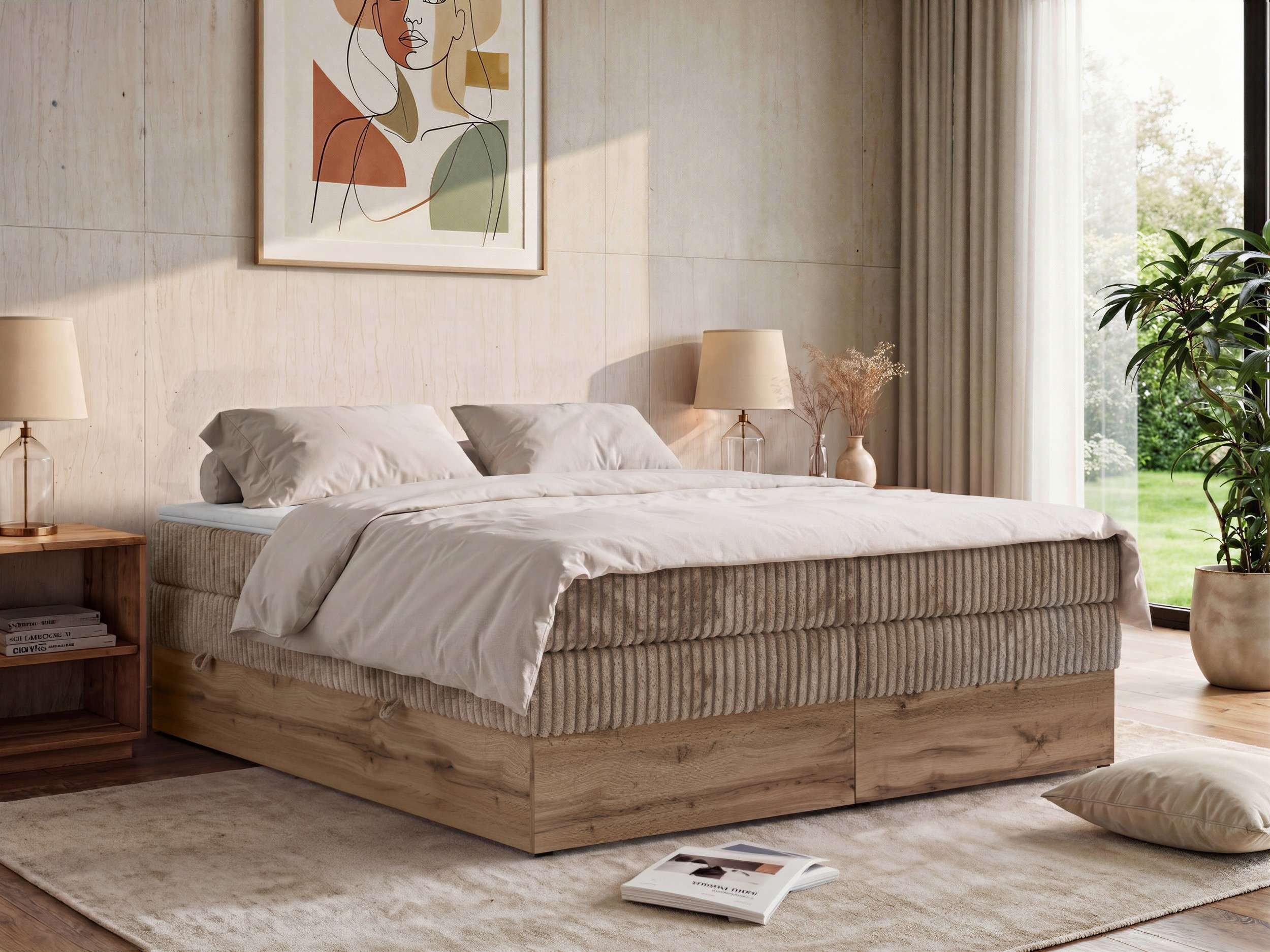 MKS MÖBEL Boxspringbett WOOD ZERO KING (Set, Bett, Möbelplattenelementen, Polsterbett mit integrierten Multipocket-Matratze), Topper T25 oder Visco optional, ohne Kopfteil, 2 Bettkästen, H3/H4