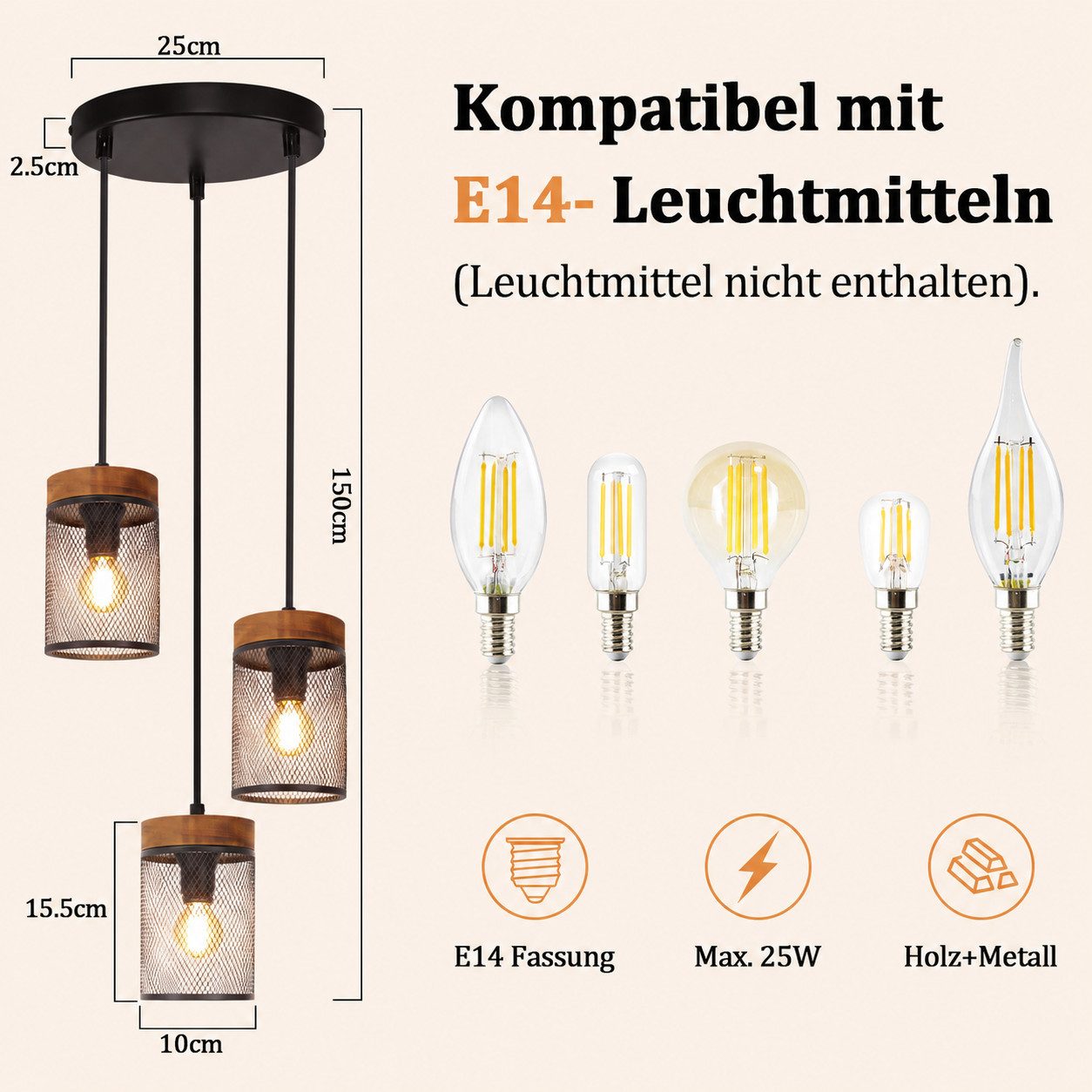 Nettlife Pendelleuchte Vintage Schwarz 1/3/4flammige E14 Industrial Holz Gitter Lampenschirm, ohne Leuchtmittel, Retro Küchenlampe hängend für Esszimmer Küche